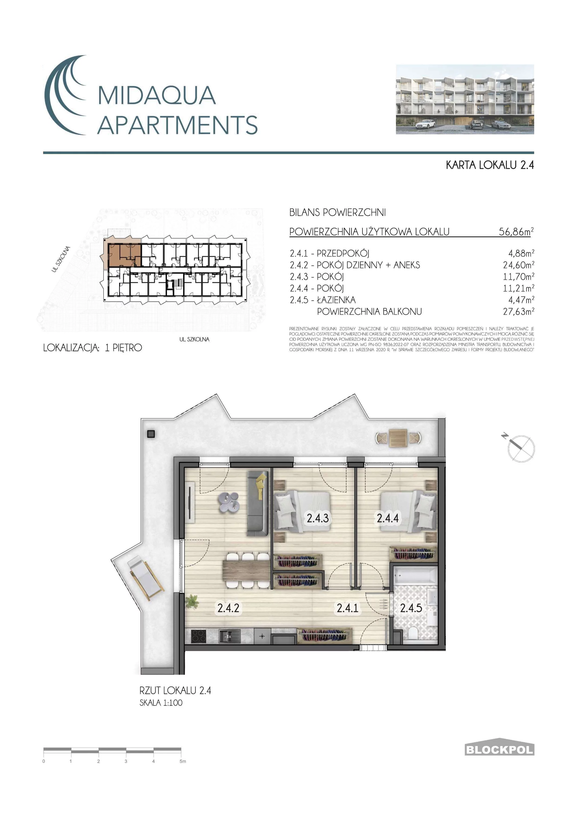 3 pokoje, apartament 56,86 m², piętro 1, oferta nr 2.4, MidAqua Apartments, Międzywodzie, ul. Szkolna