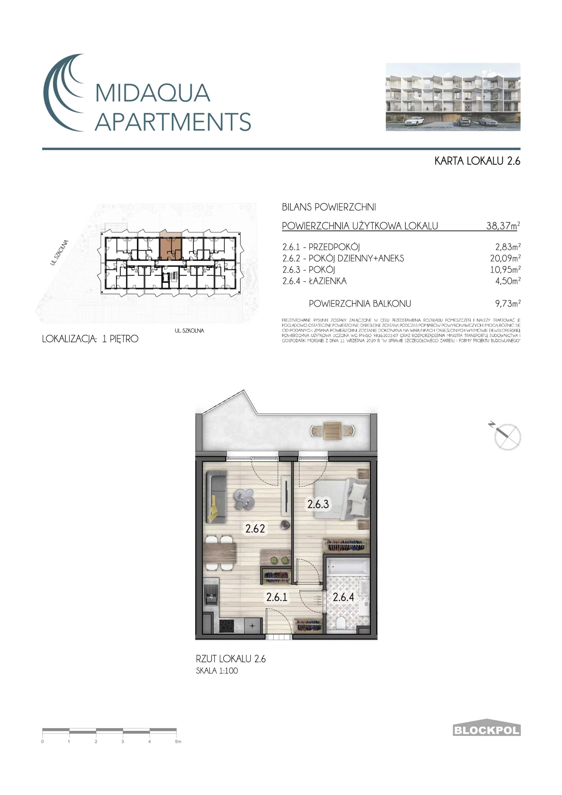 2 pokoje, apartament 38,37 m², piętro 1, oferta nr 2.6, MidAqua Apartments, Międzywodzie, ul. Szkolna