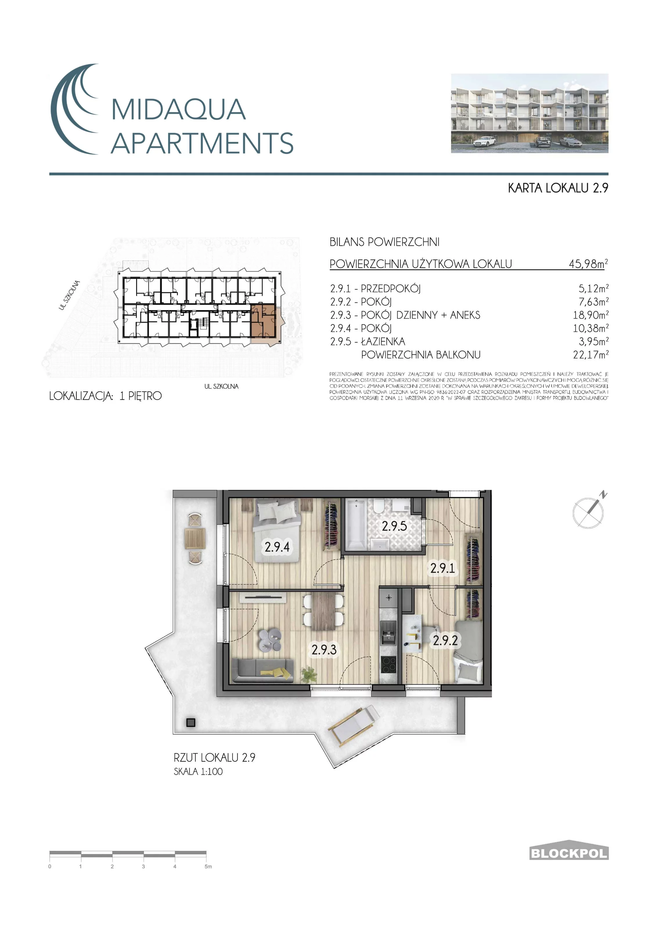 3 pokoje, apartament 45,98 m², piętro 1, oferta nr 2.9, MidAqua Apartments, Międzywodzie, ul. Szkolna