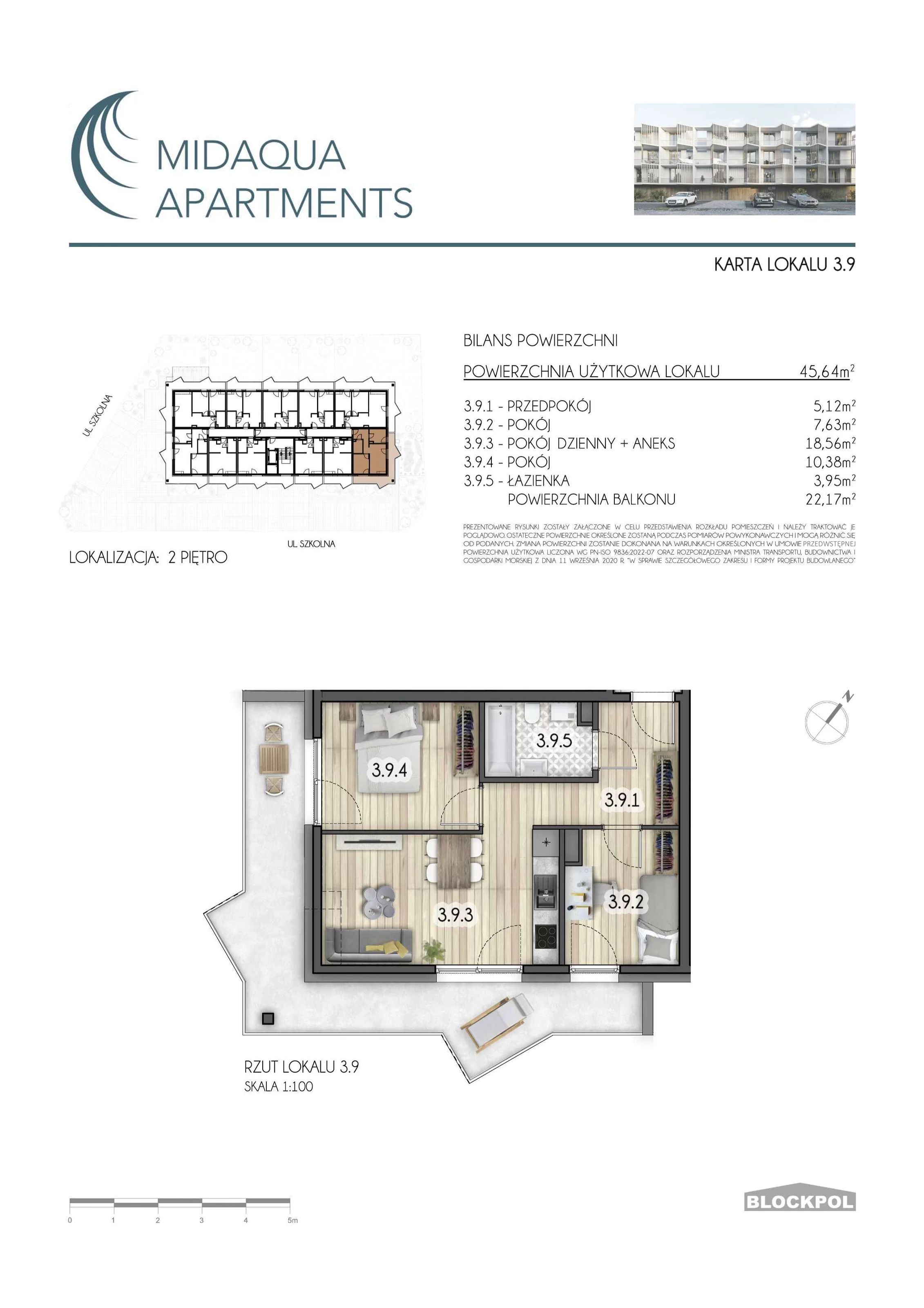 3 pokoje, apartament 45,64 m², piętro 2, oferta nr 3.9, MidAqua Apartments, Międzywodzie, ul. Szkolna