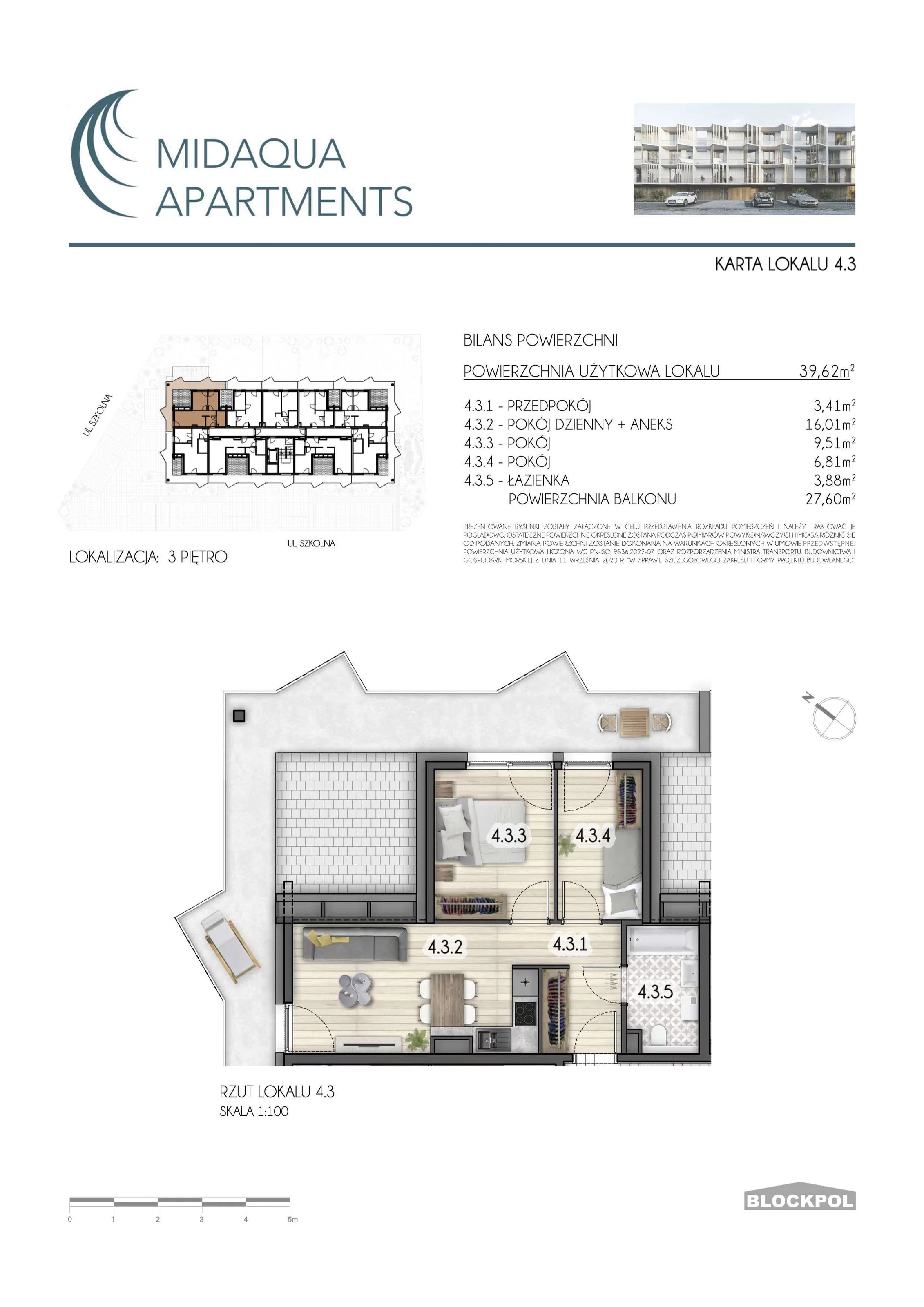 3 pokoje, apartament 39,62 m², piętro 3, oferta nr 4.3, MidAqua Apartments, Międzywodzie, ul. Szkolna