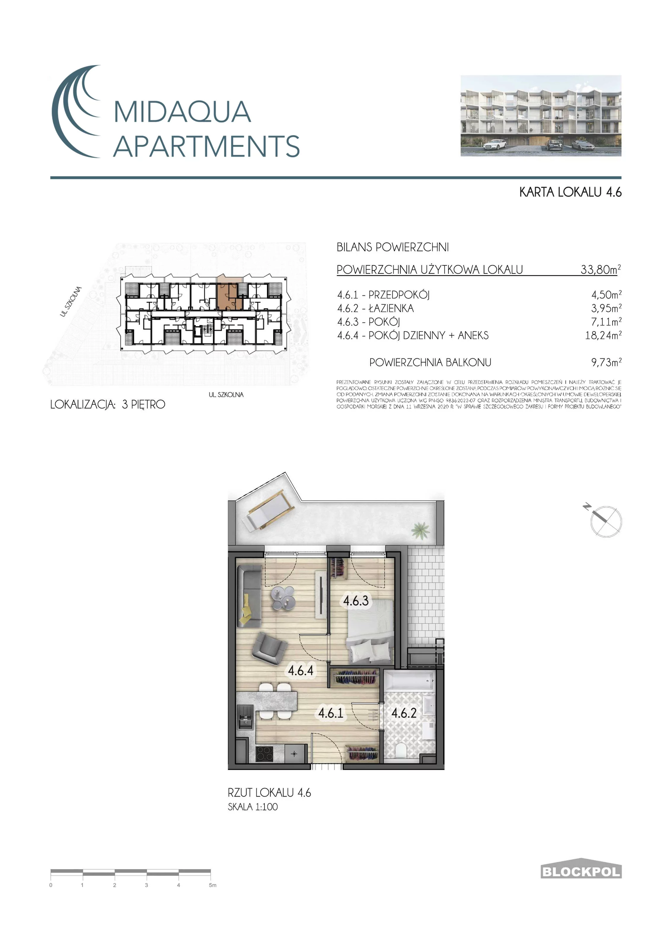 2 pokoje, apartament 33,80 m², piętro 3, oferta nr 4.6, MidAqua Apartments, Międzywodzie, ul. Szkolna