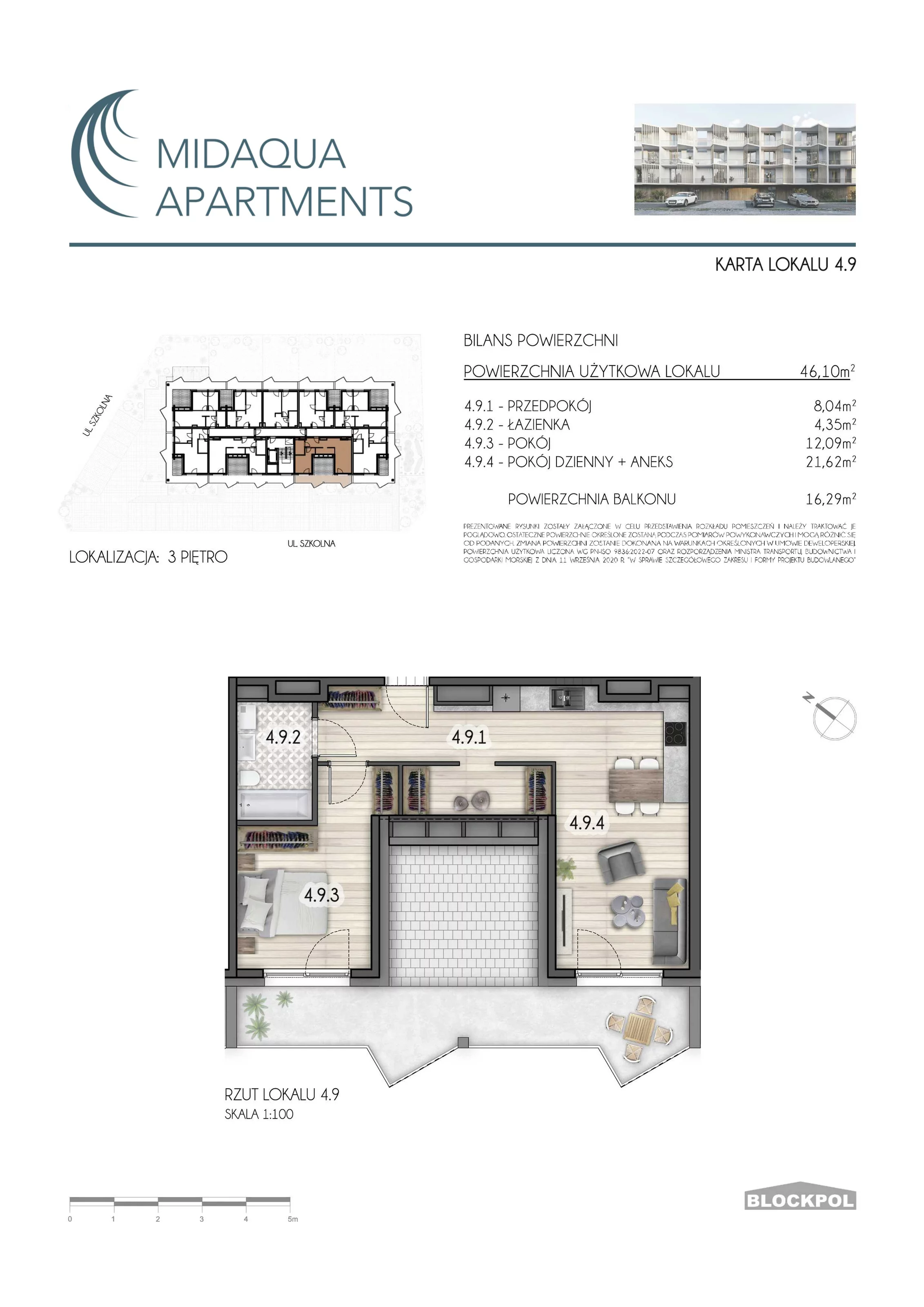 2 pokoje, apartament 46,10 m², piętro 3, oferta nr 4.9, MidAqua Apartments, Międzywodzie, ul. Szkolna