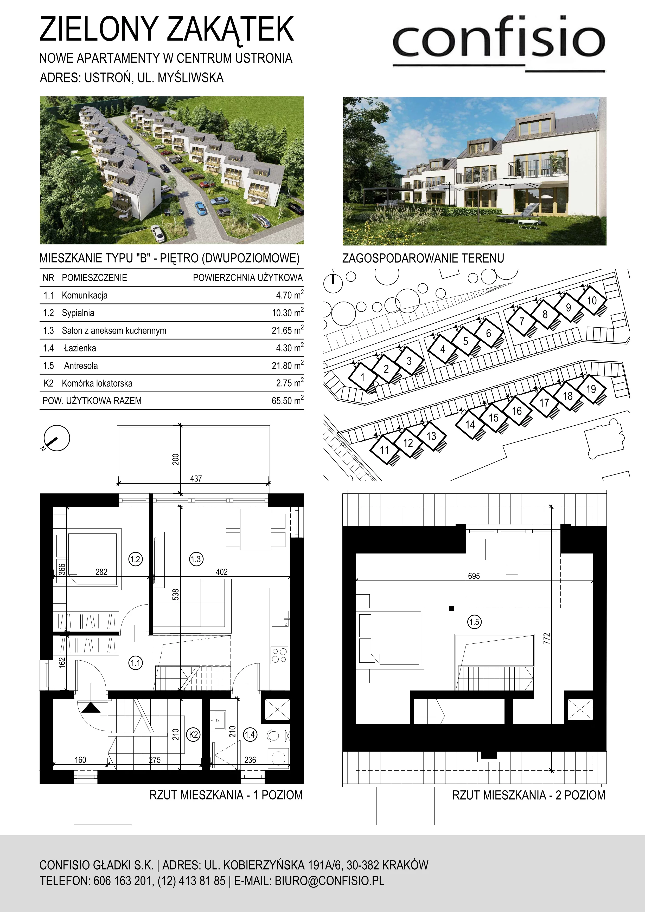 2 pokoje, mieszkanie 65,55 m², piętro 1, oferta nr 15B, Zielony Zakątek Ustroń, Ustroń, ul. Myśliwska
