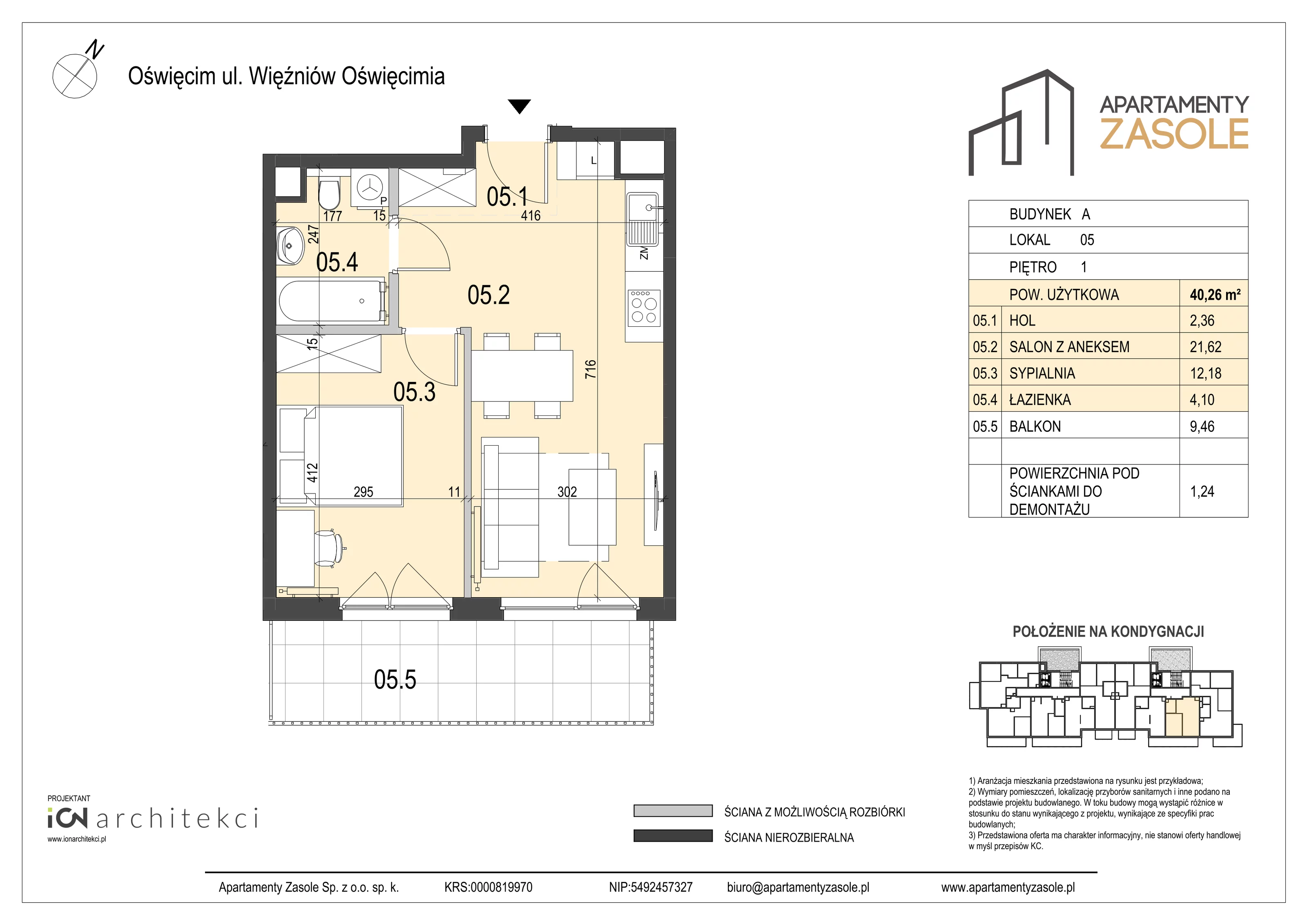 2 pokoje, mieszkanie 40,26 m², piętro 1, oferta nr 5, Apartamenty Zasole, Oświęcim, ul. Więźniów Oświęcimia