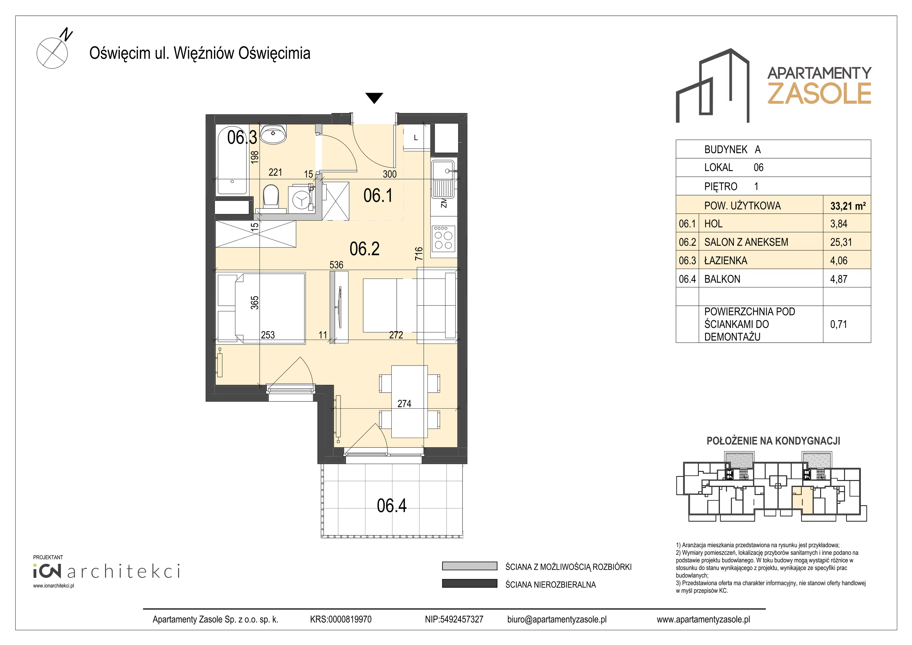 1 pokój, mieszkanie 33,21 m², piętro 1, oferta nr 6, Apartamenty Zasole, Oświęcim, ul. Więźniów Oświęcimia