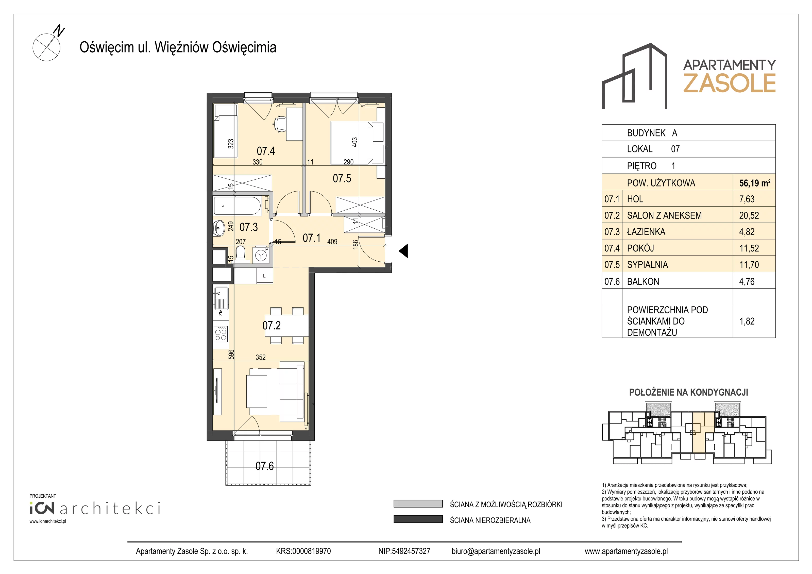3 pokoje, mieszkanie 56,19 m², piętro 1, oferta nr 7, Apartamenty Zasole, Oświęcim, ul. Więźniów Oświęcimia