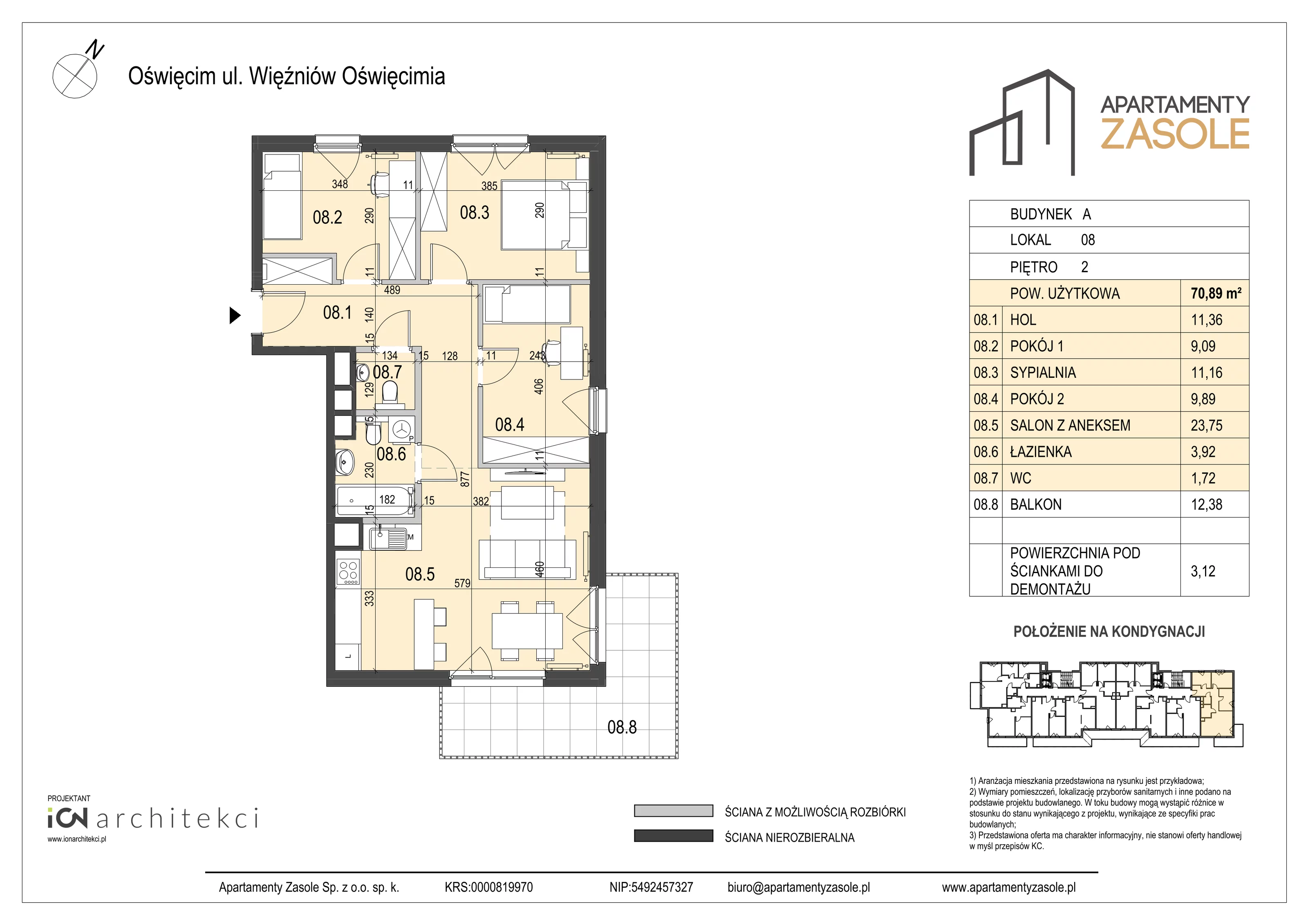 4 pokoje, mieszkanie 70,89 m², piętro 2, oferta nr 8, Apartamenty Zasole, Oświęcim, ul. Więźniów Oświęcimia