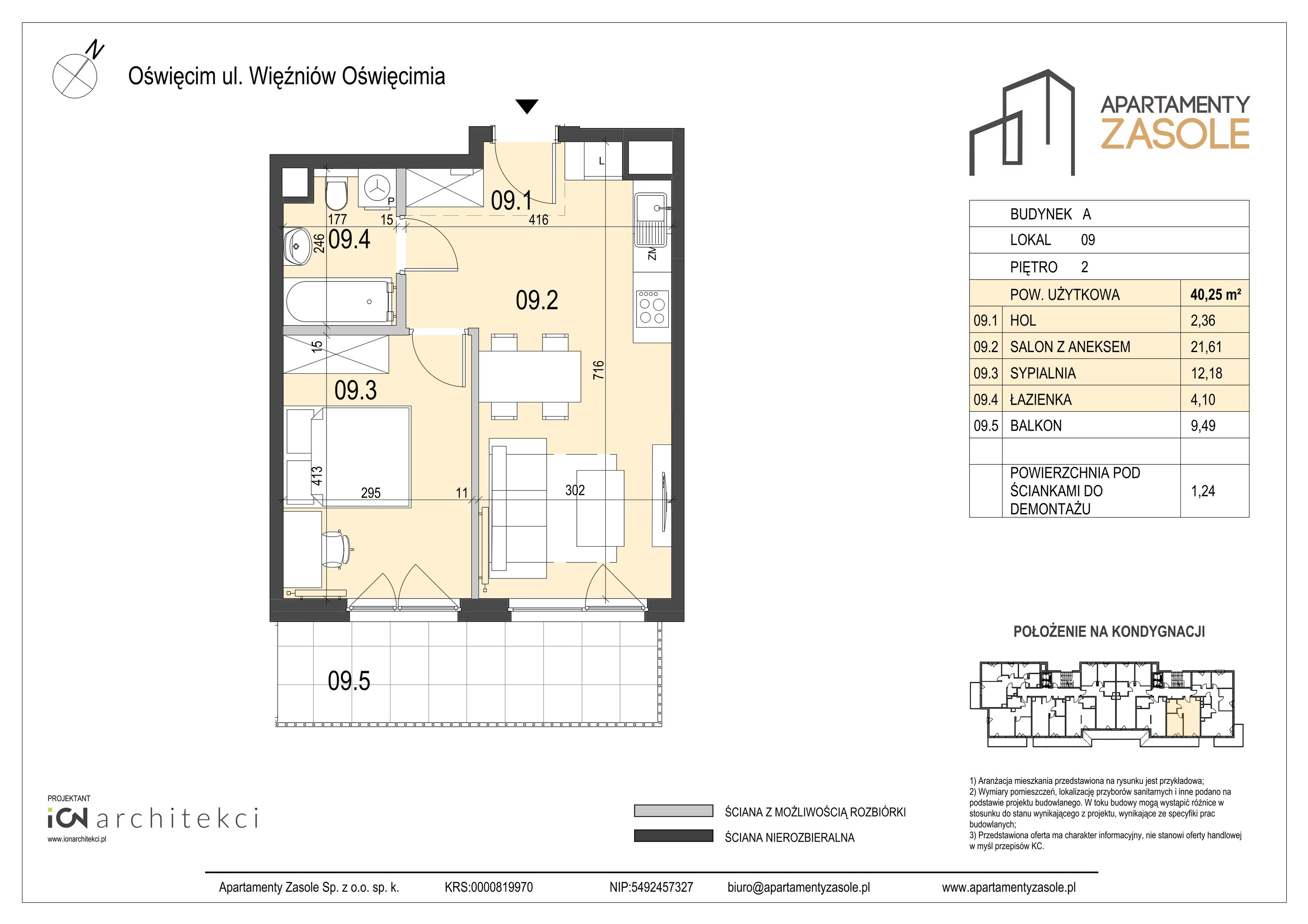 2 pokoje, mieszkanie 40,25 m², piętro 2, oferta nr 9, Apartamenty Zasole, Oświęcim, ul. Więźniów Oświęcimia