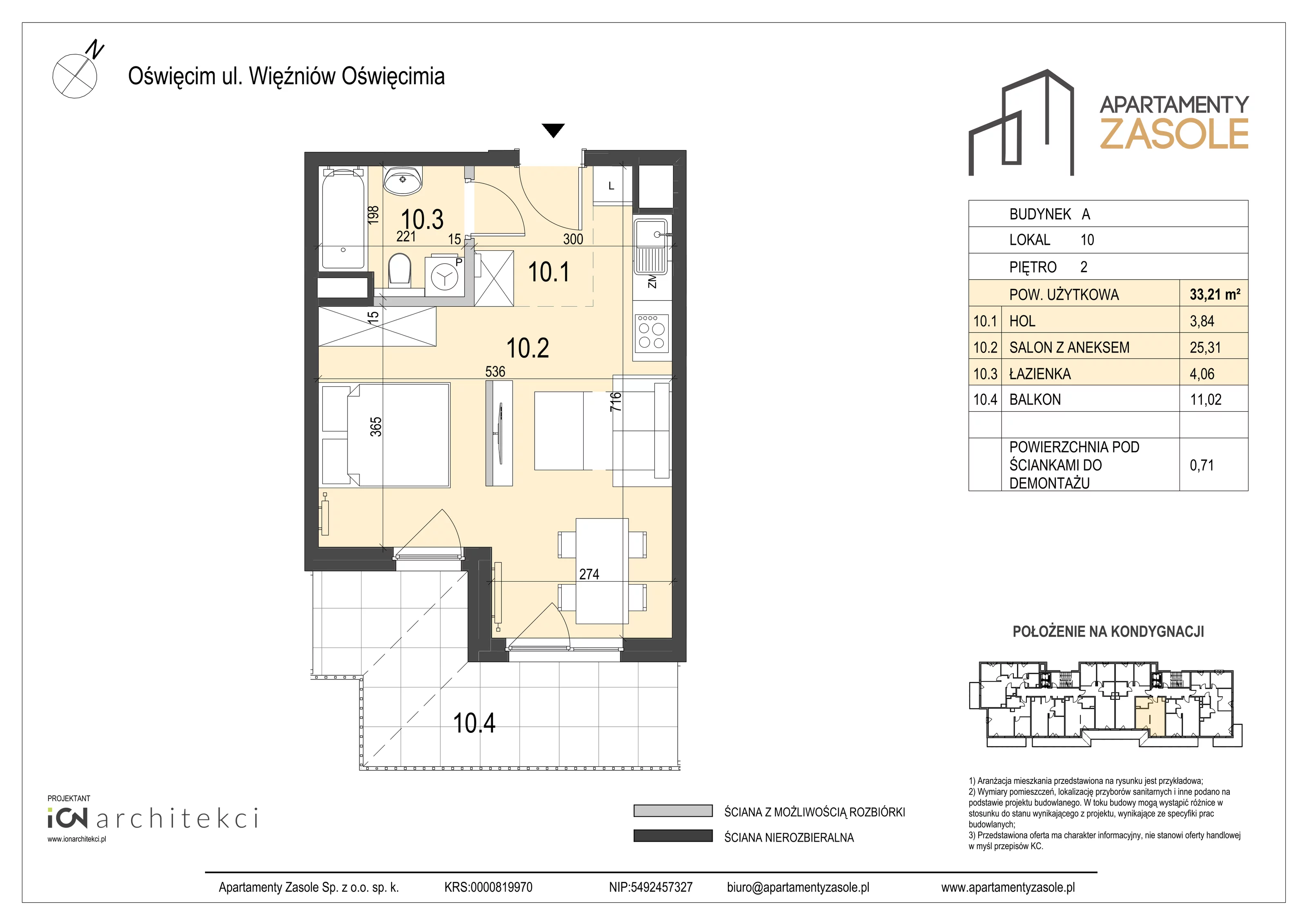 1 pokój, mieszkanie 33,21 m², piętro 2, oferta nr 10, Apartamenty Zasole, Oświęcim, ul. Więźniów Oświęcimia