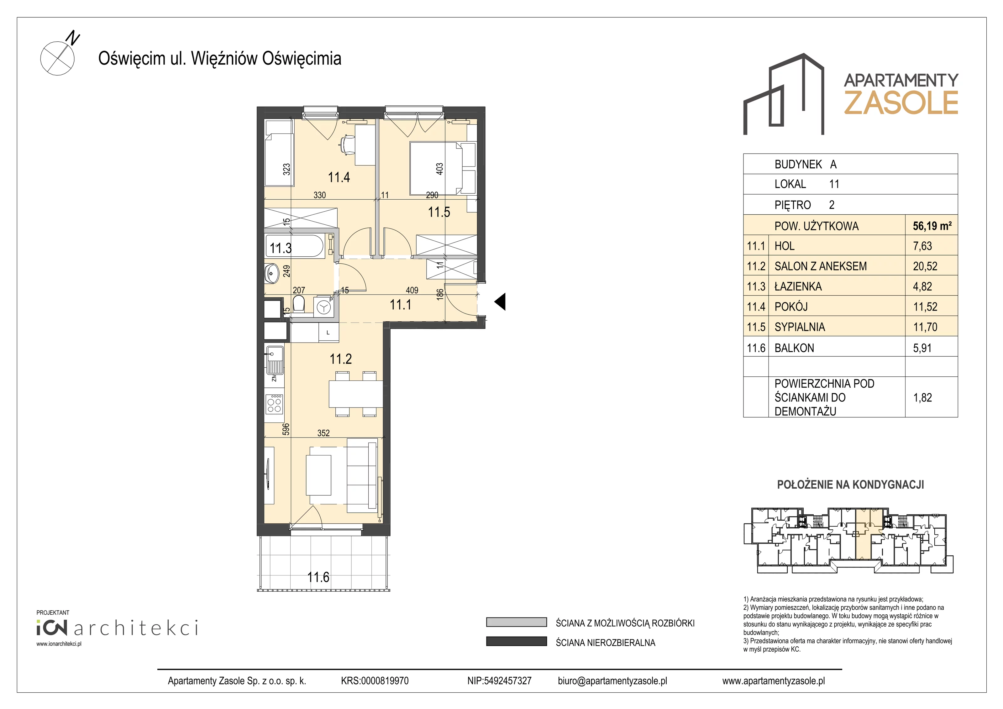 3 pokoje, mieszkanie 56,19 m², piętro 2, oferta nr 11, Apartamenty Zasole, Oświęcim, ul. Więźniów Oświęcimia