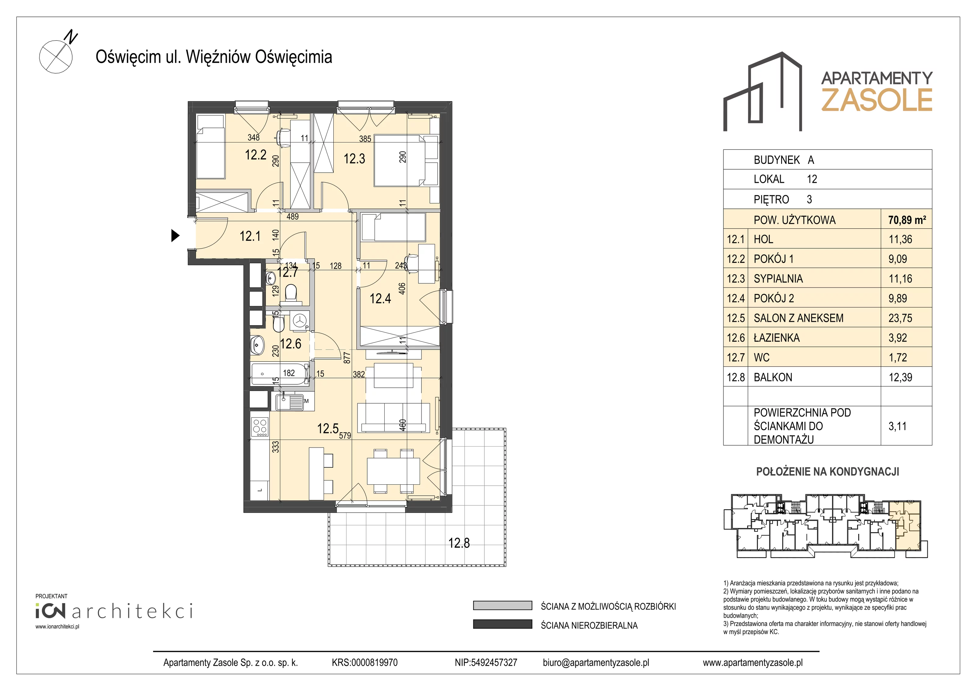 4 pokoje, mieszkanie 70,89 m², piętro 3, oferta nr 12, Apartamenty Zasole, Oświęcim, ul. Więźniów Oświęcimia