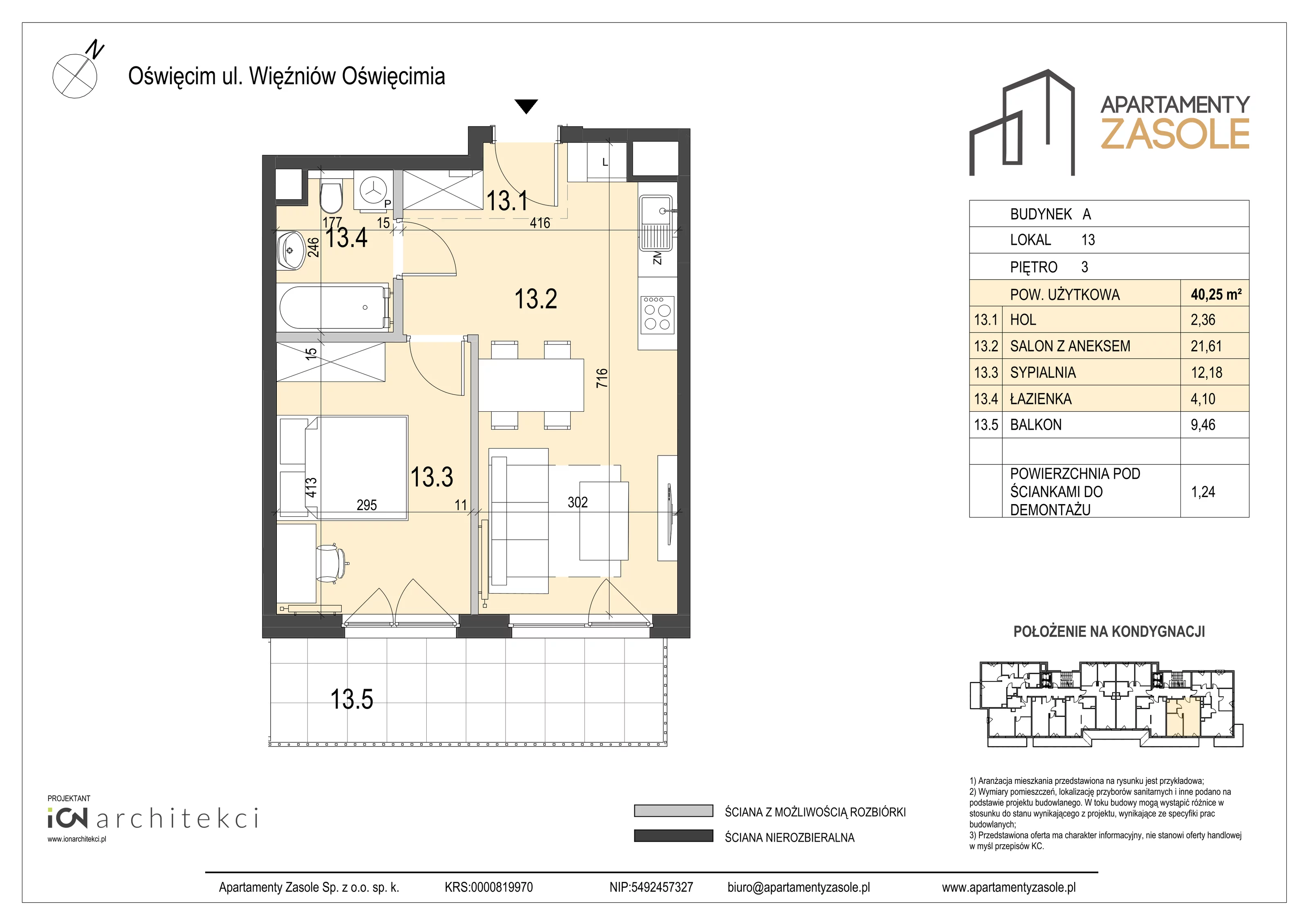 2 pokoje, mieszkanie 40,25 m², piętro 3, oferta nr 13, Apartamenty Zasole, Oświęcim, ul. Więźniów Oświęcimia