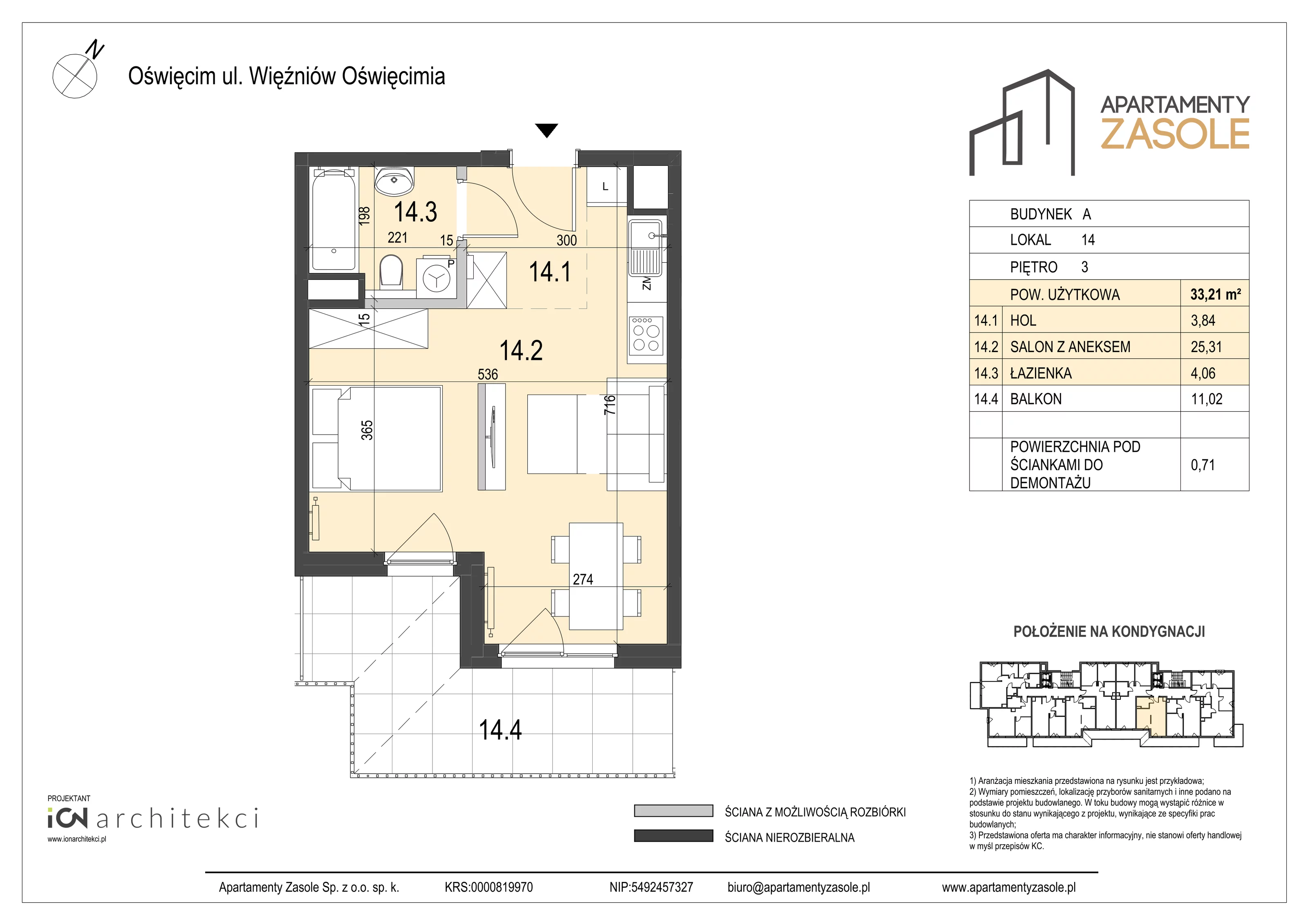 1 pokój, mieszkanie 33,21 m², piętro 3, oferta nr 14, Apartamenty Zasole, Oświęcim, ul. Więźniów Oświęcimia