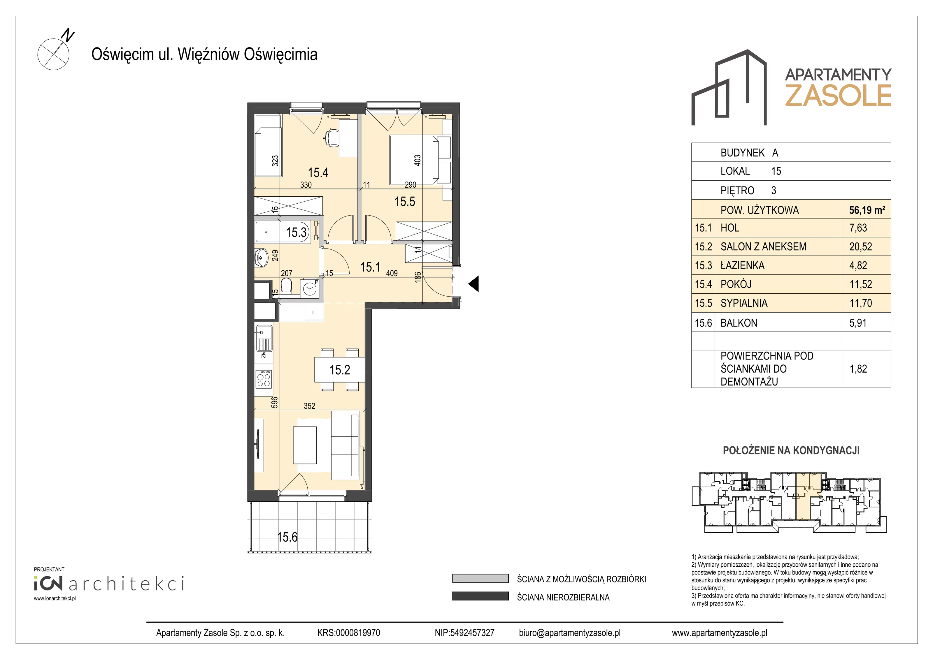 3 pokoje, mieszkanie 56,19 m², piętro 3, oferta nr 15, Apartamenty Zasole, Oświęcim, ul. Więźniów Oświęcimia