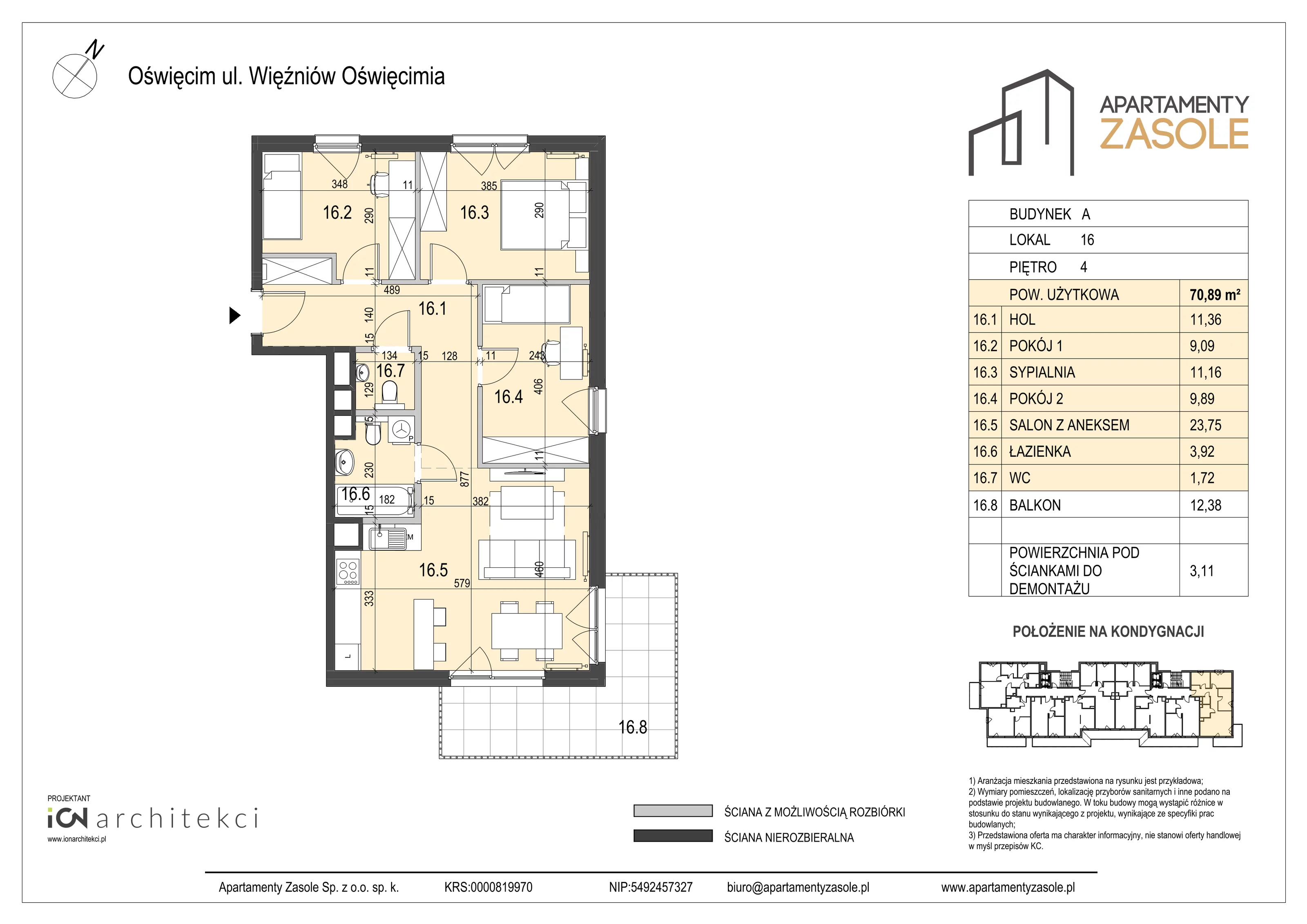 4 pokoje, mieszkanie 70,89 m², piętro 4, oferta nr 16, Apartamenty Zasole, Oświęcim, ul. Więźniów Oświęcimia