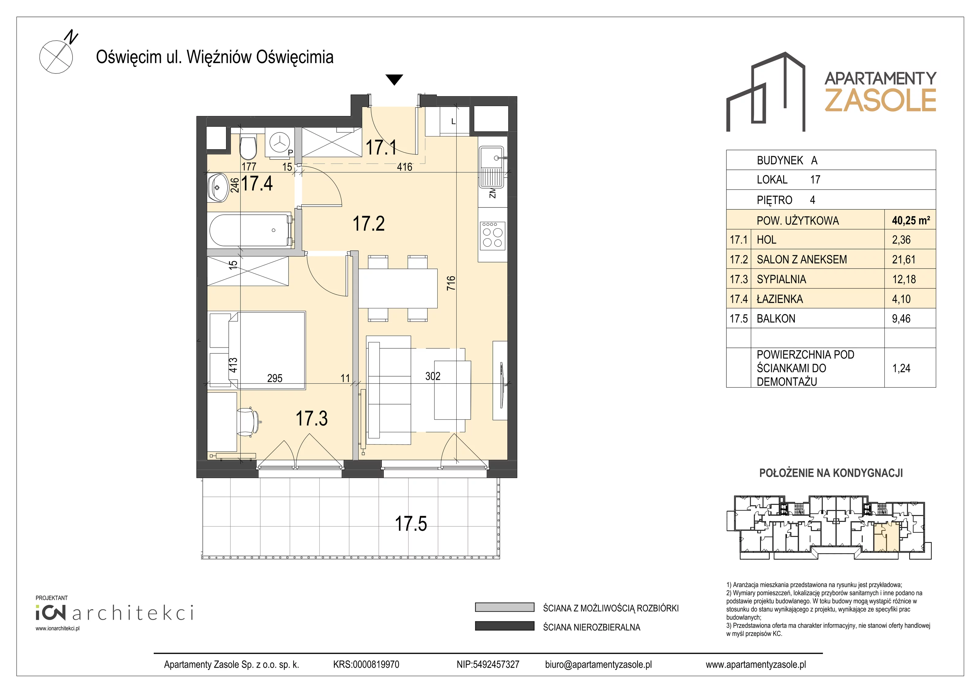 2 pokoje, mieszkanie 40,25 m², piętro 4, oferta nr 17, Apartamenty Zasole, Oświęcim, ul. Więźniów Oświęcimia