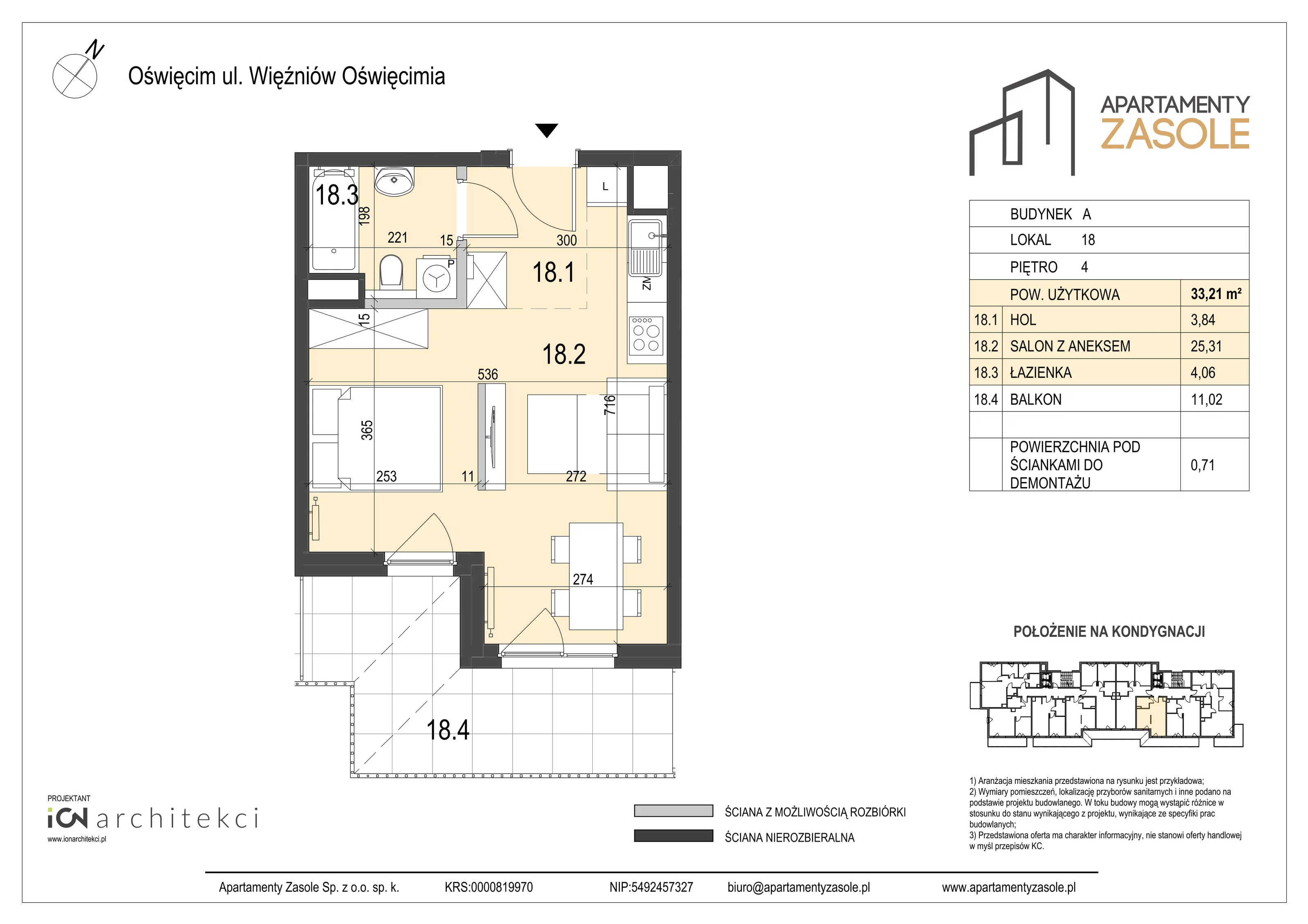 1 pokój, mieszkanie 33,21 m², piętro 4, oferta nr 18, Apartamenty Zasole, Oświęcim, ul. Więźniów Oświęcimia