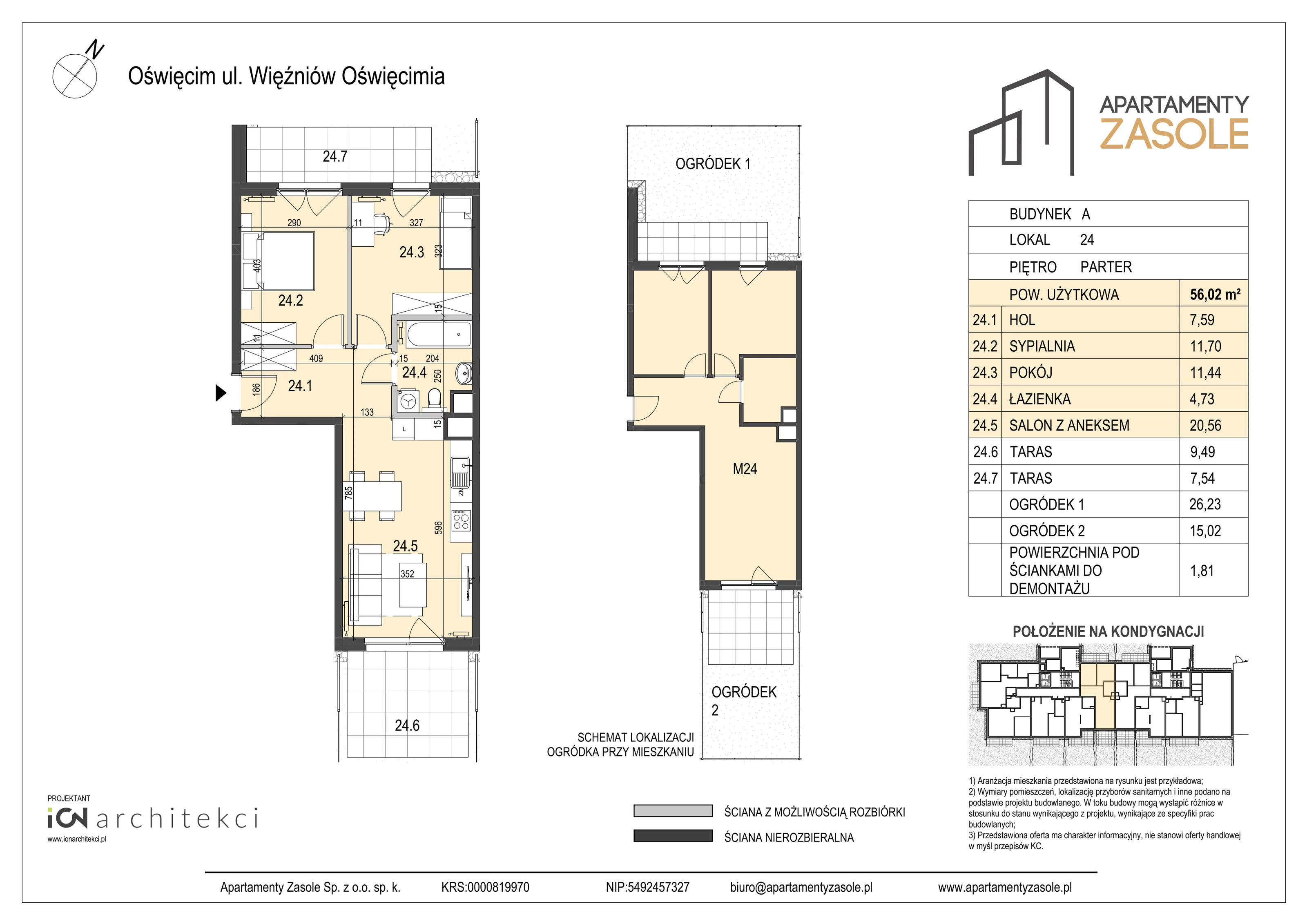 3 pokoje, mieszkanie 56,02 m², parter, oferta nr 24, Apartamenty Zasole, Oświęcim, ul. Więźniów Oświęcimia