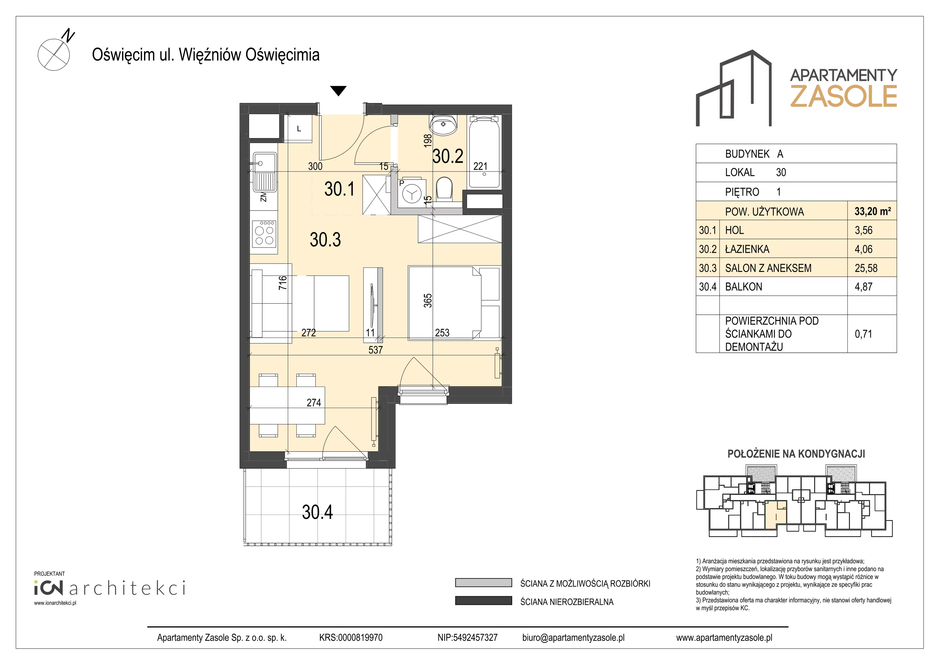 1 pokój, mieszkanie 33,20 m², piętro 1, oferta nr 30, Apartamenty Zasole, Oświęcim, ul. Więźniów Oświęcimia