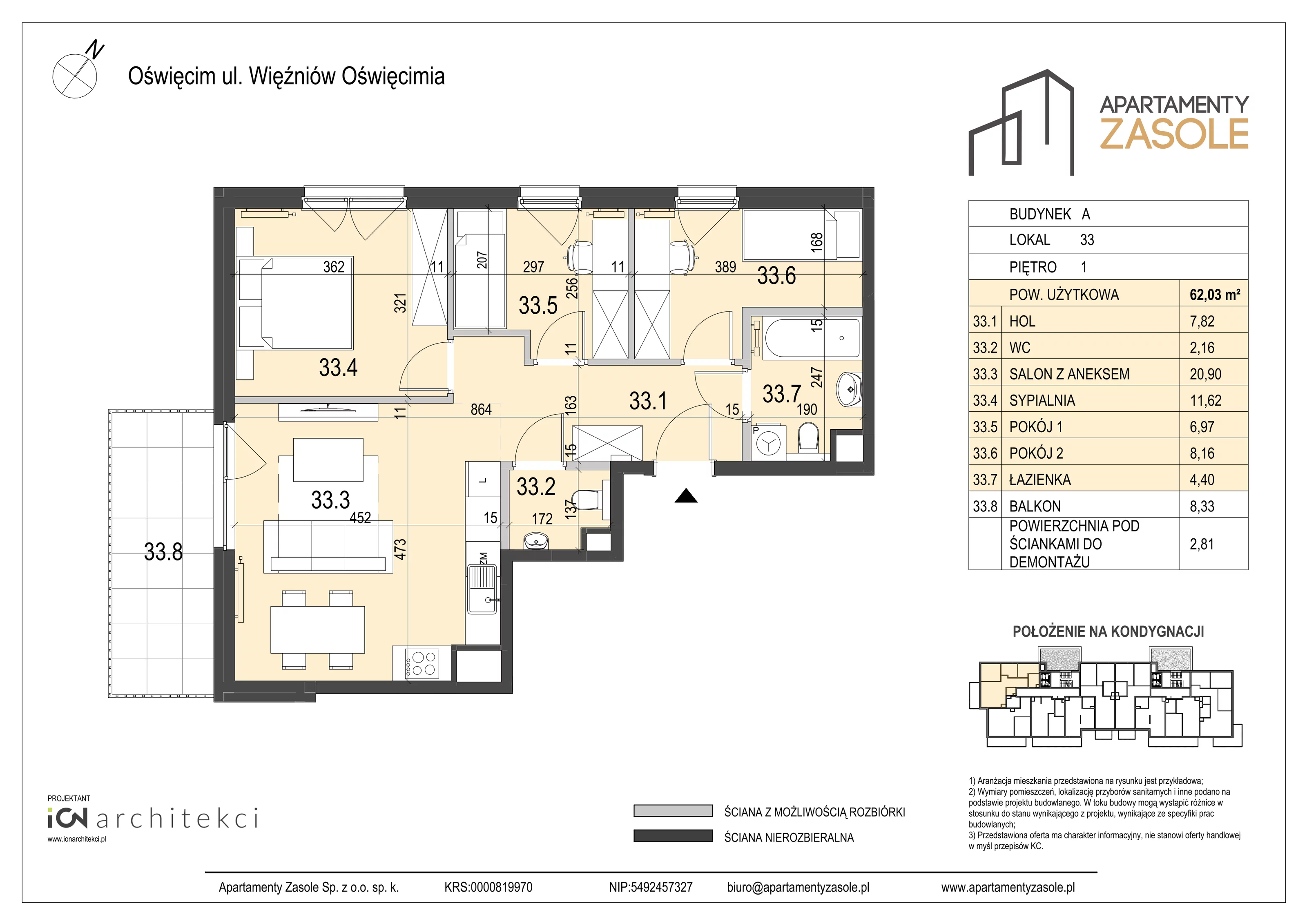 4 pokoje, mieszkanie 62,03 m², piętro 1, oferta nr 33, Apartamenty Zasole, Oświęcim, ul. Więźniów Oświęcimia