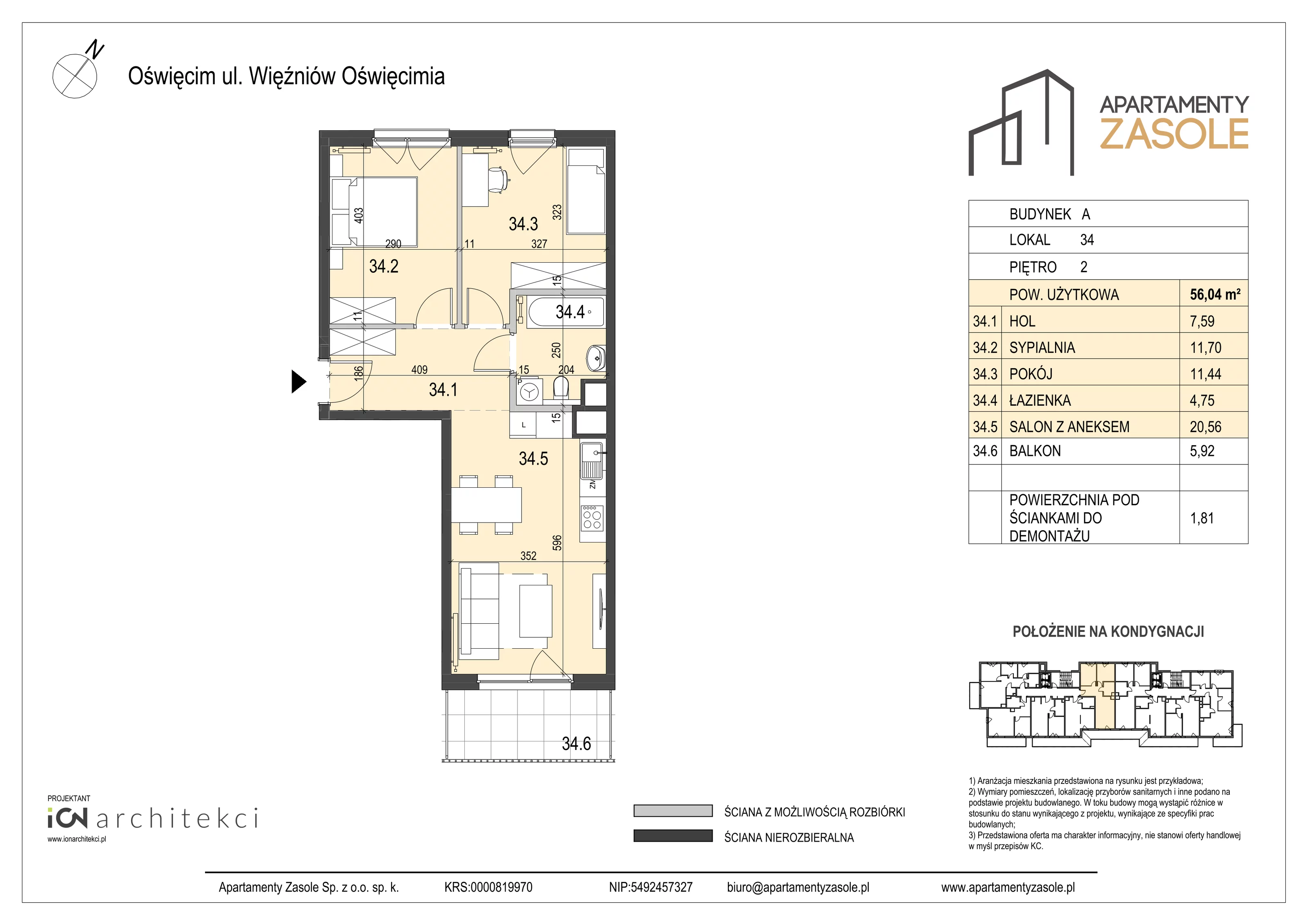 3 pokoje, mieszkanie 56,04 m², piętro 2, oferta nr 34, Apartamenty Zasole, Oświęcim, ul. Więźniów Oświęcimia