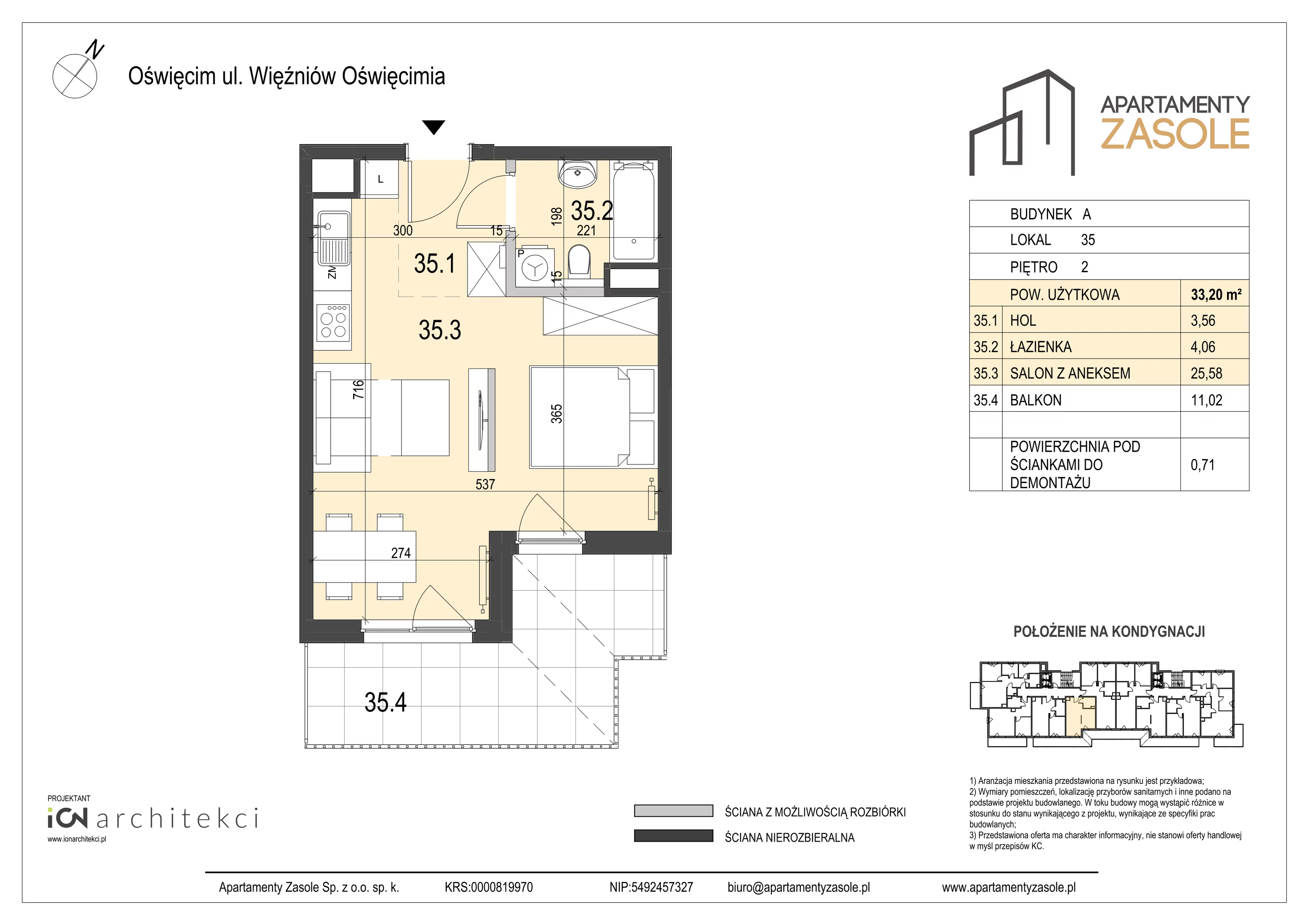 1 pokój, mieszkanie 33,20 m², piętro 2, oferta nr 35, Apartamenty Zasole, Oświęcim, ul. Więźniów Oświęcimia