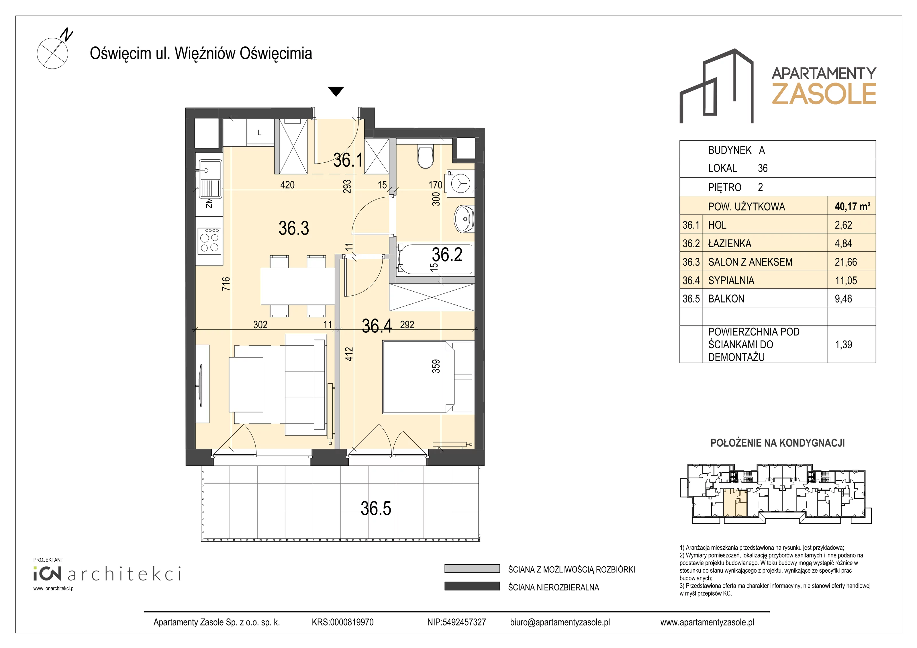 2 pokoje, mieszkanie 40,17 m², piętro 2, oferta nr 36, Apartamenty Zasole, Oświęcim, ul. Więźniów Oświęcimia