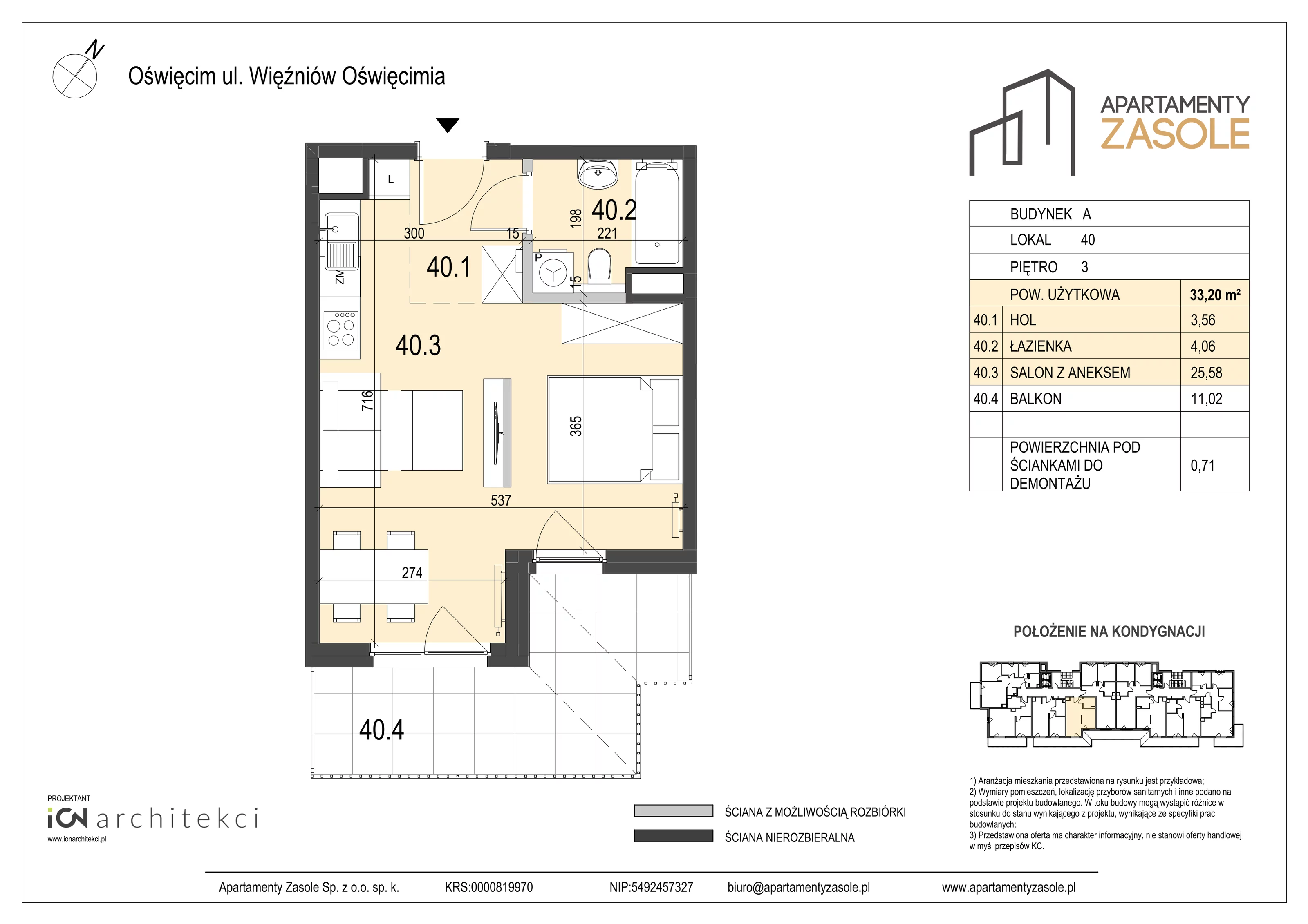 1 pokój, mieszkanie 33,20 m², piętro 3, oferta nr 40, Apartamenty Zasole, Oświęcim, ul. Więźniów Oświęcimia