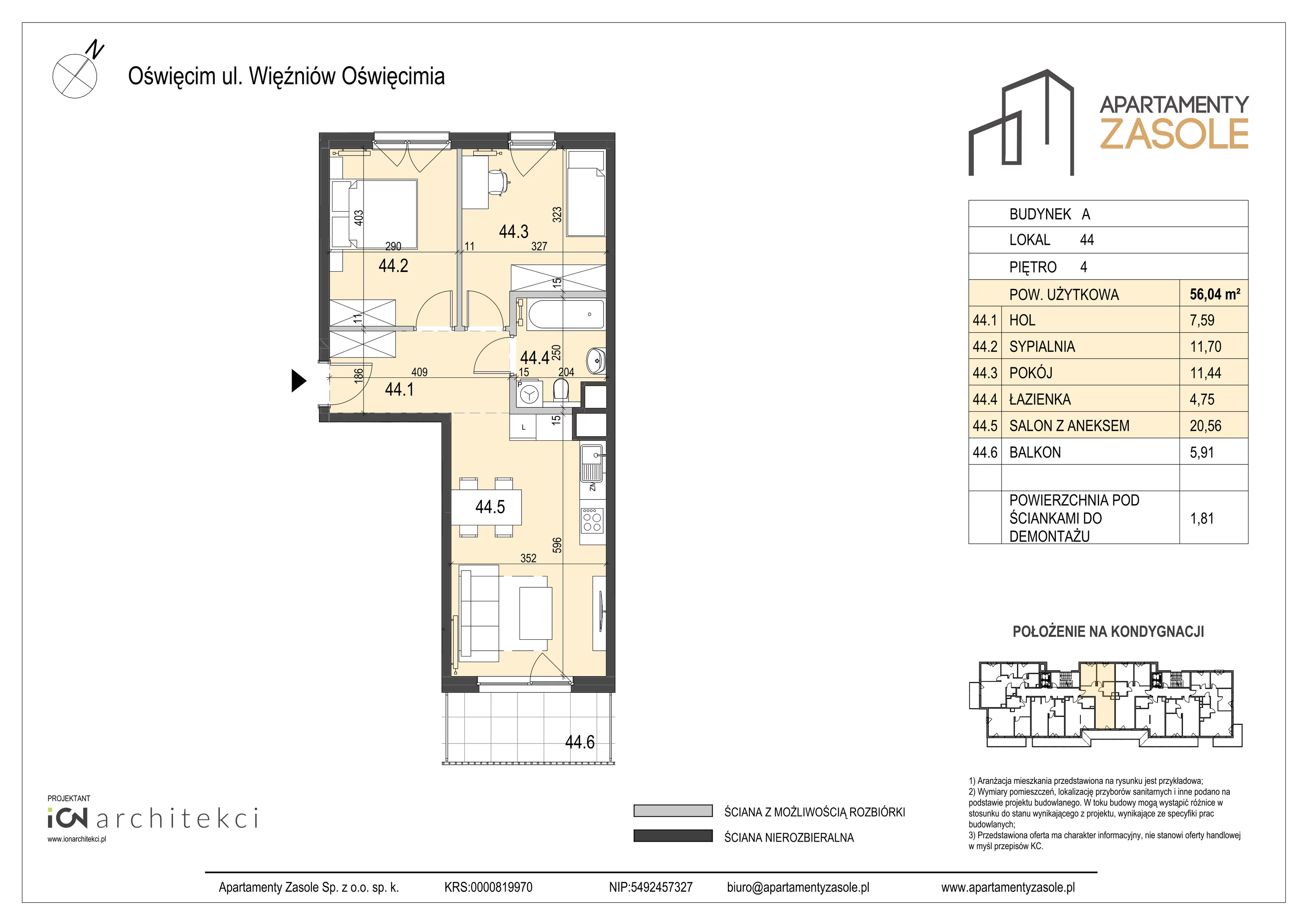 3 pokoje, mieszkanie 56,04 m², piętro 4, oferta nr 44, Apartamenty Zasole, Oświęcim, ul. Więźniów Oświęcimia