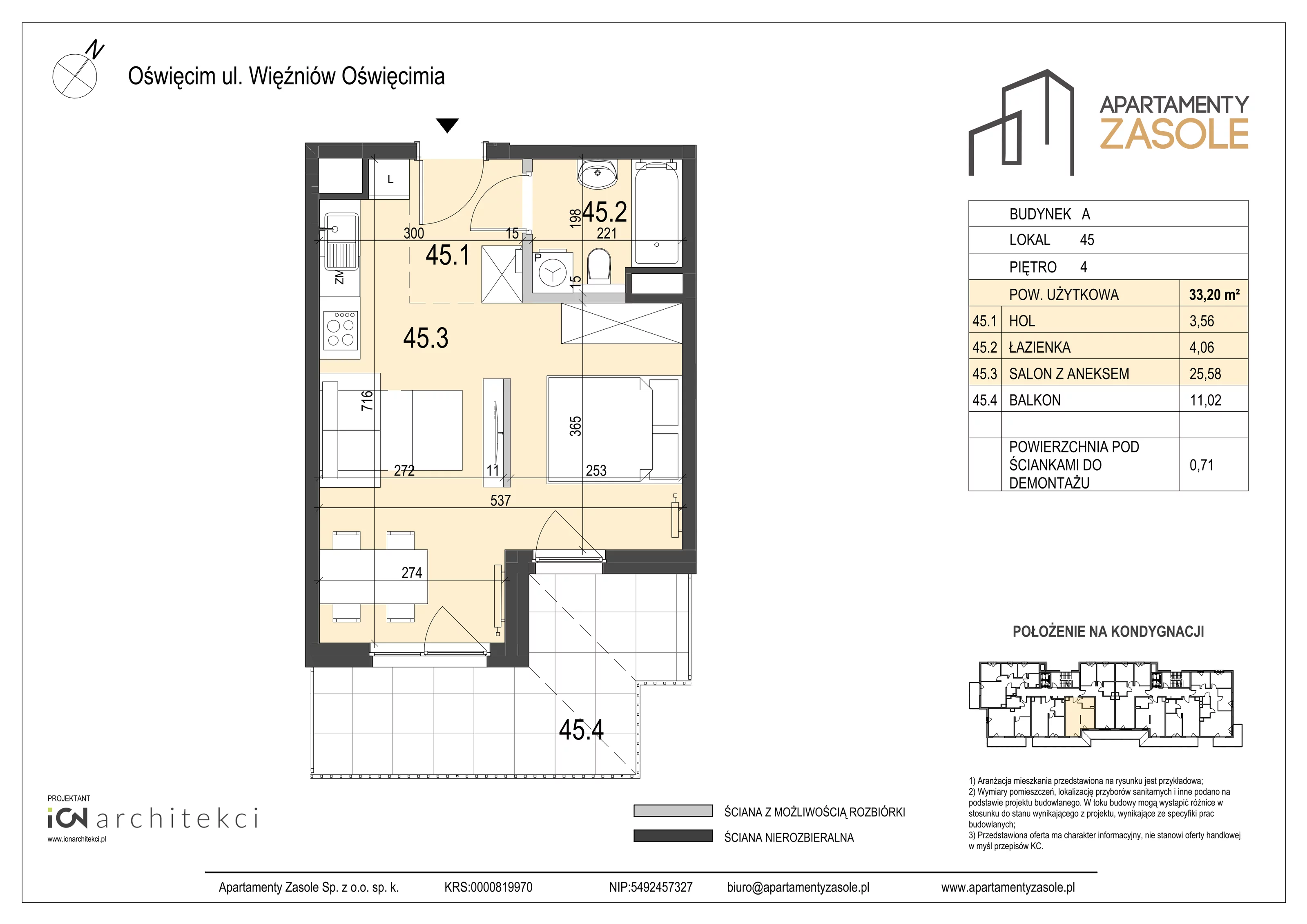 1 pokój, mieszkanie 33,20 m², piętro 4, oferta nr 45, Apartamenty Zasole, Oświęcim, ul. Więźniów Oświęcimia