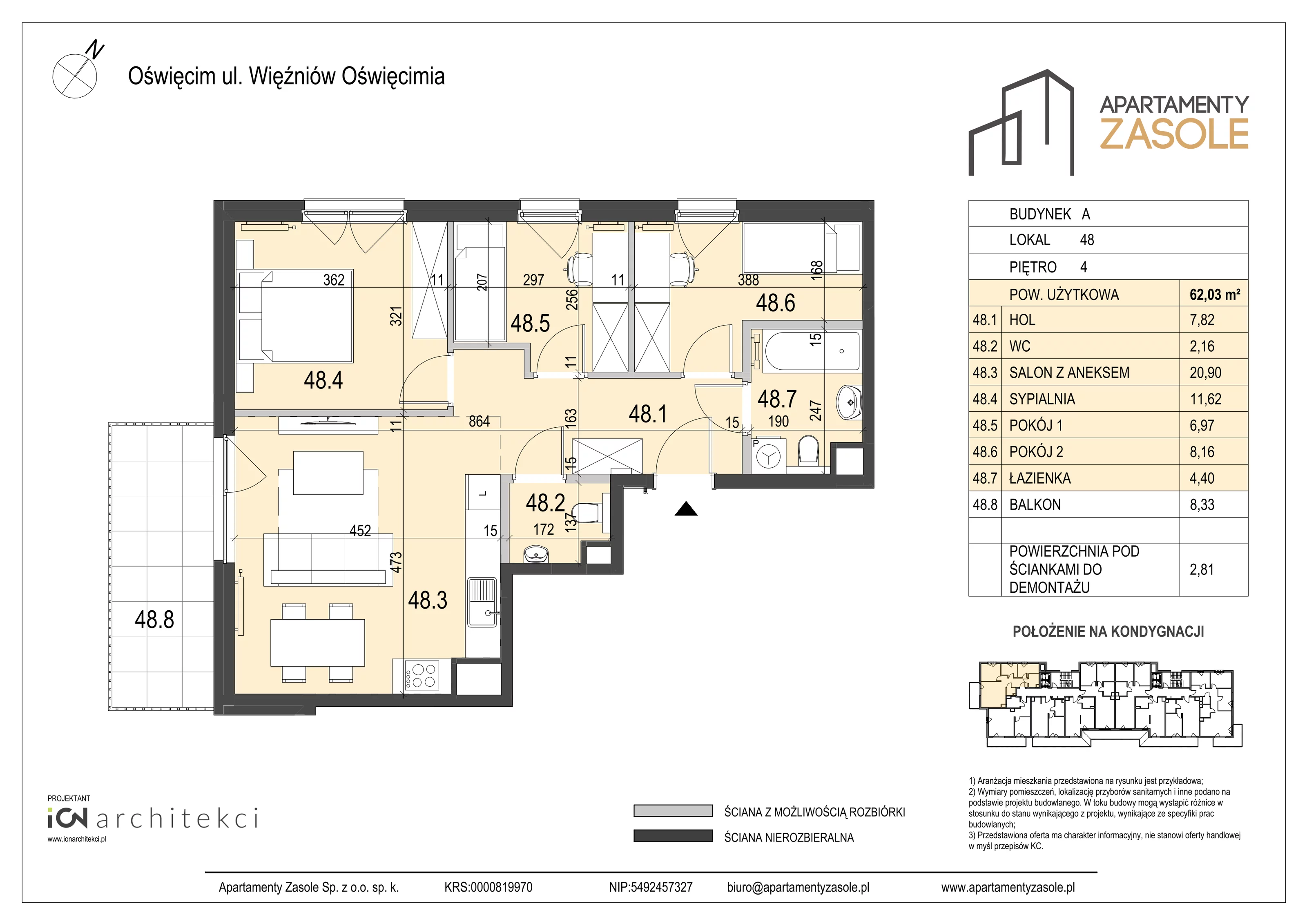 4 pokoje, mieszkanie 62,03 m², piętro 4, oferta nr 48, Apartamenty Zasole, Oświęcim, ul. Więźniów Oświęcimia