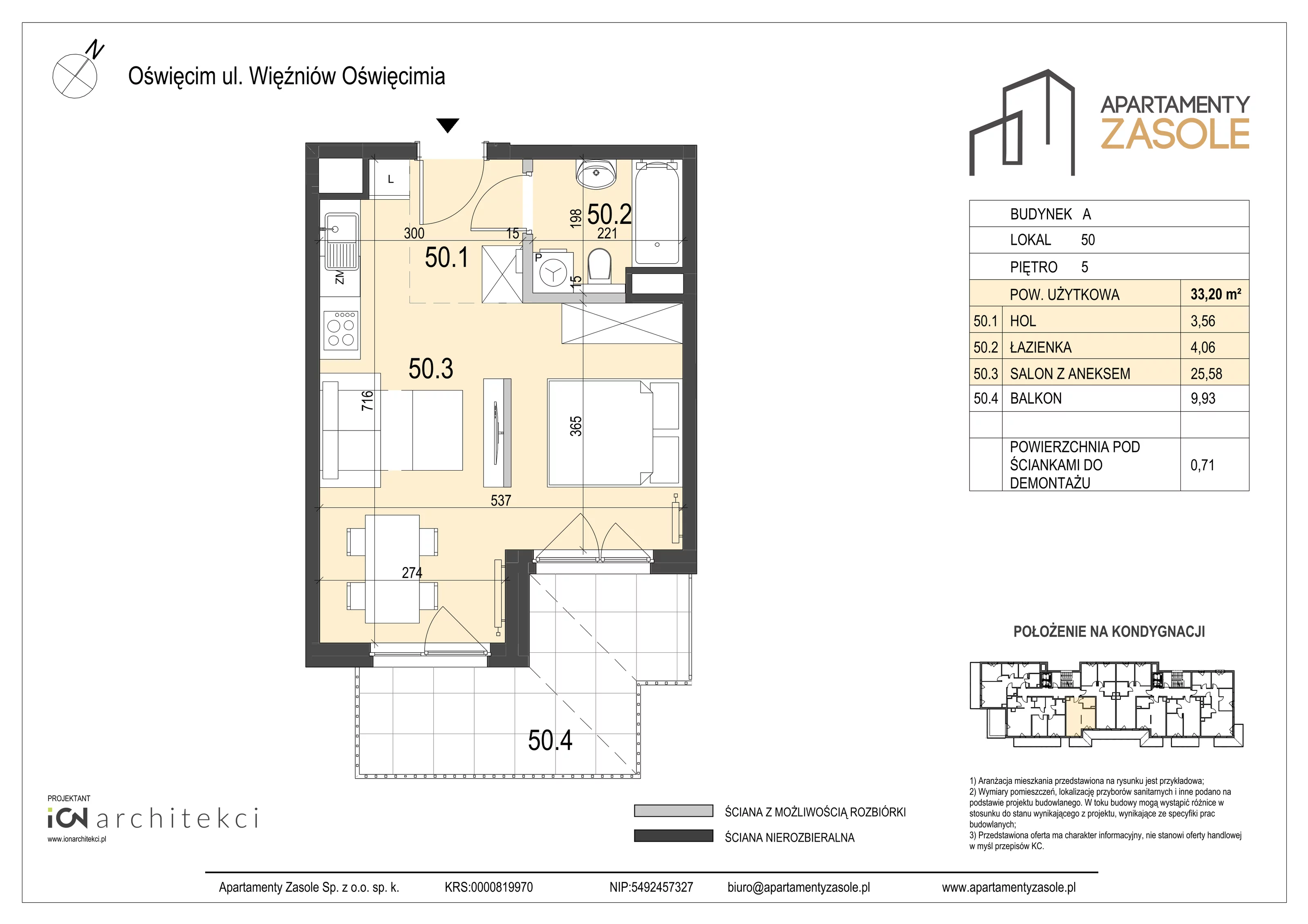 1 pokój, mieszkanie 33,20 m², piętro 5, oferta nr 50, Apartamenty Zasole, Oświęcim, ul. Więźniów Oświęcimia