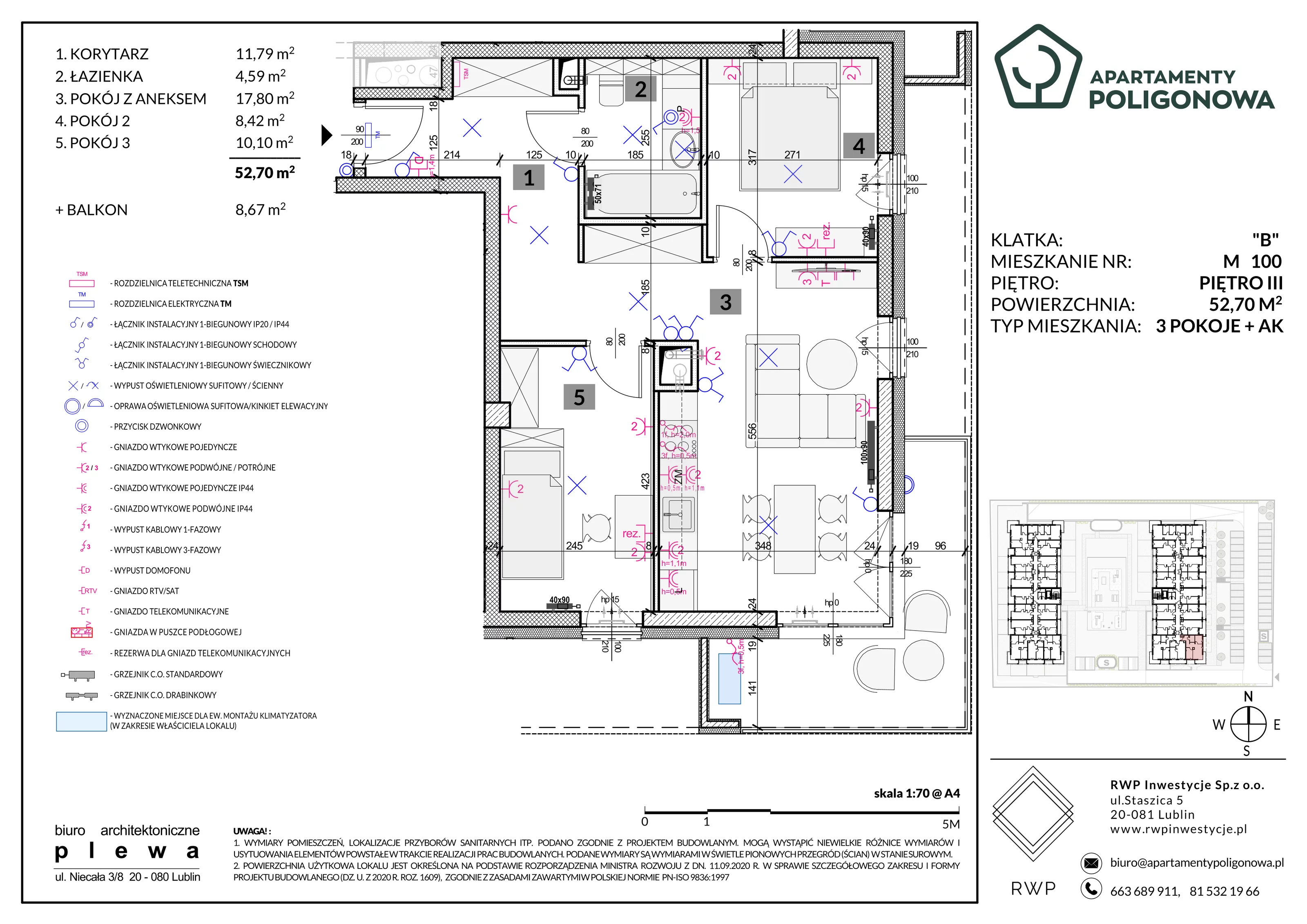 3 pokoje, mieszkanie 52,70 m², piętro 3, oferta nr 100, Apartamenty Poligonowa 5, Lublin, Sławin, ul. Poligonowa