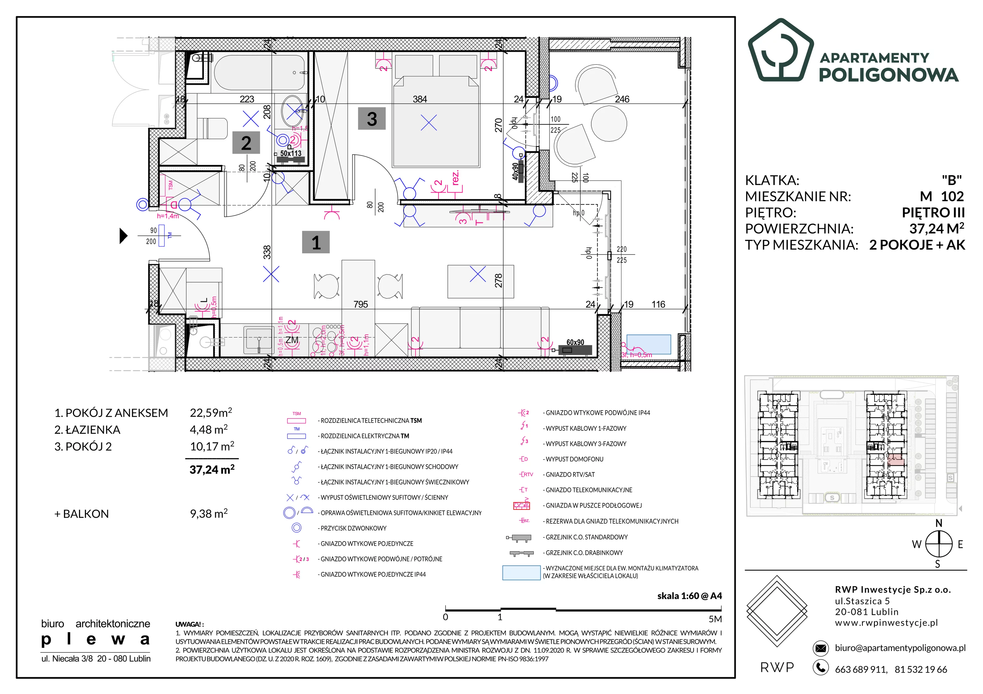 2 pokoje, mieszkanie 37,24 m², piętro 3, oferta nr 102, Apartamenty Poligonowa 5, Lublin, Sławin, ul. Poligonowa