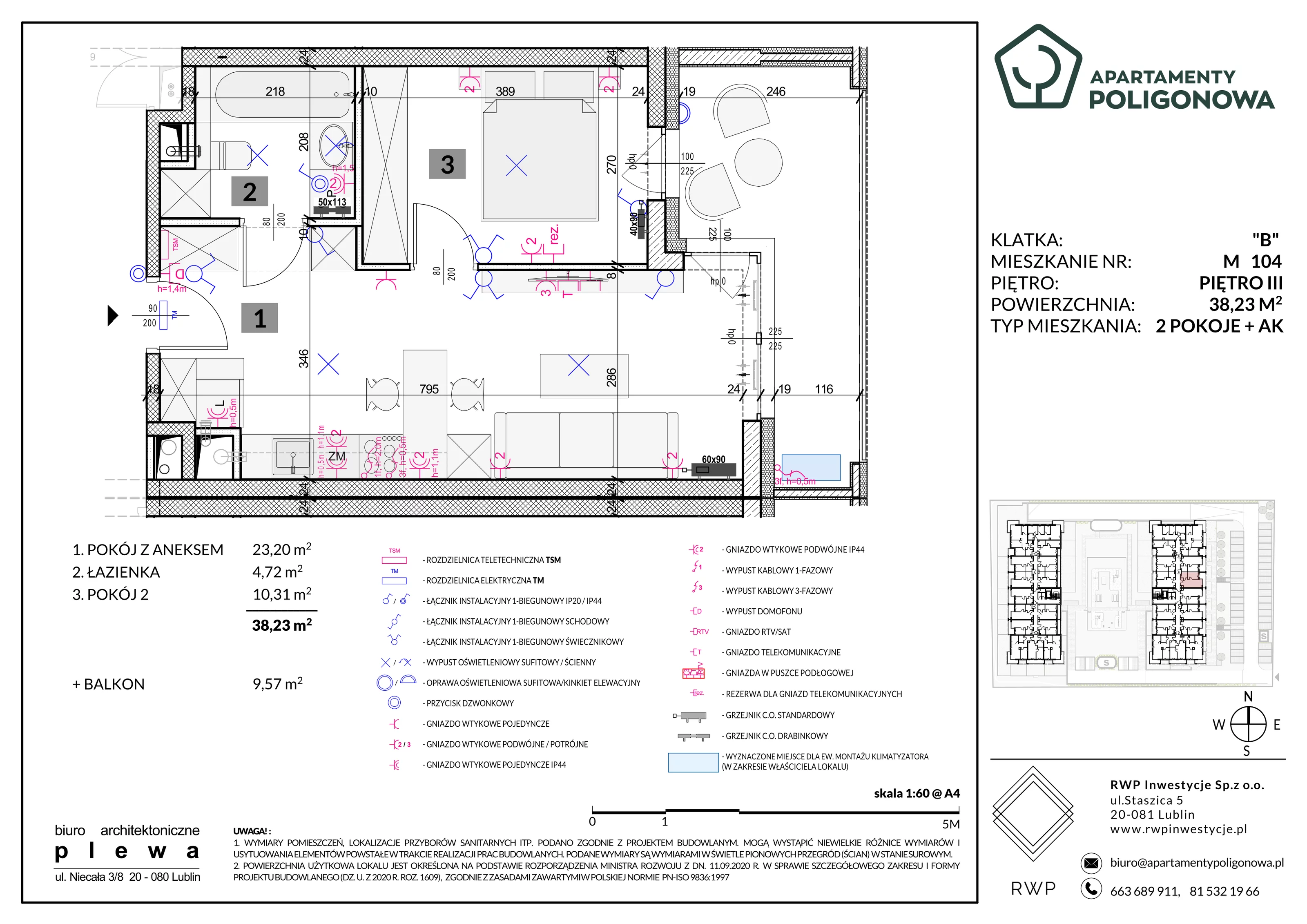 2 pokoje, mieszkanie 38,23 m², piętro 3, oferta nr 104, Apartamenty Poligonowa 5, Lublin, Sławin, ul. Poligonowa