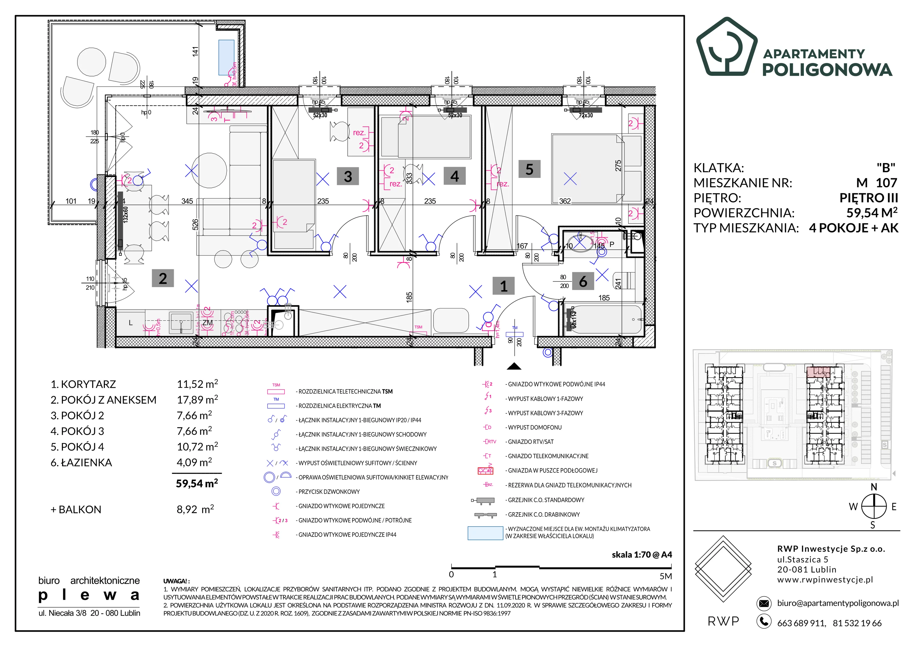 4 pokoje, mieszkanie 59,54 m², piętro 3, oferta nr 107, Apartamenty Poligonowa 5, Lublin, Sławin, ul. Poligonowa