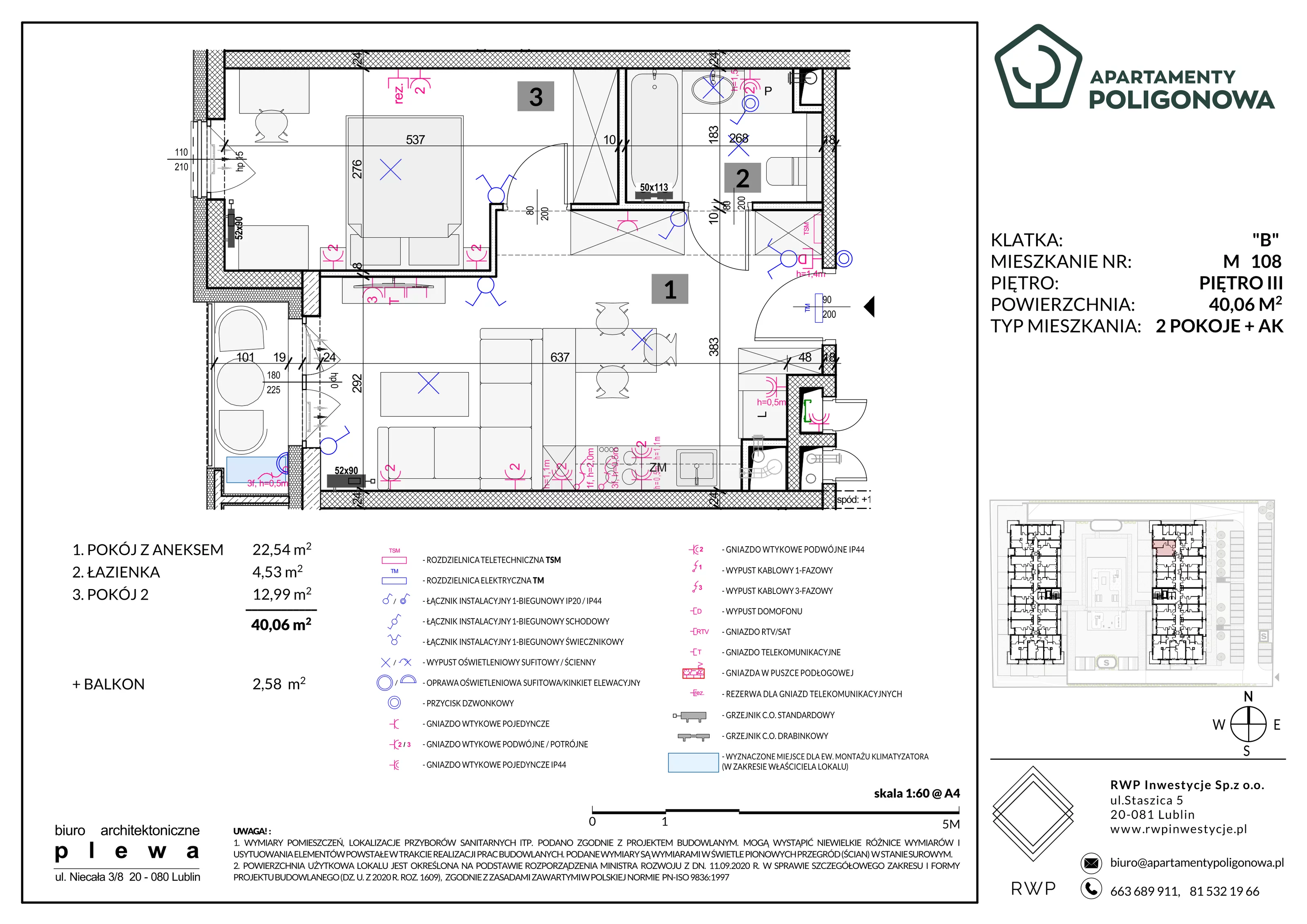 2 pokoje, mieszkanie 40,06 m², piętro 3, oferta nr 108, Apartamenty Poligonowa 5, Lublin, Sławin, ul. Poligonowa