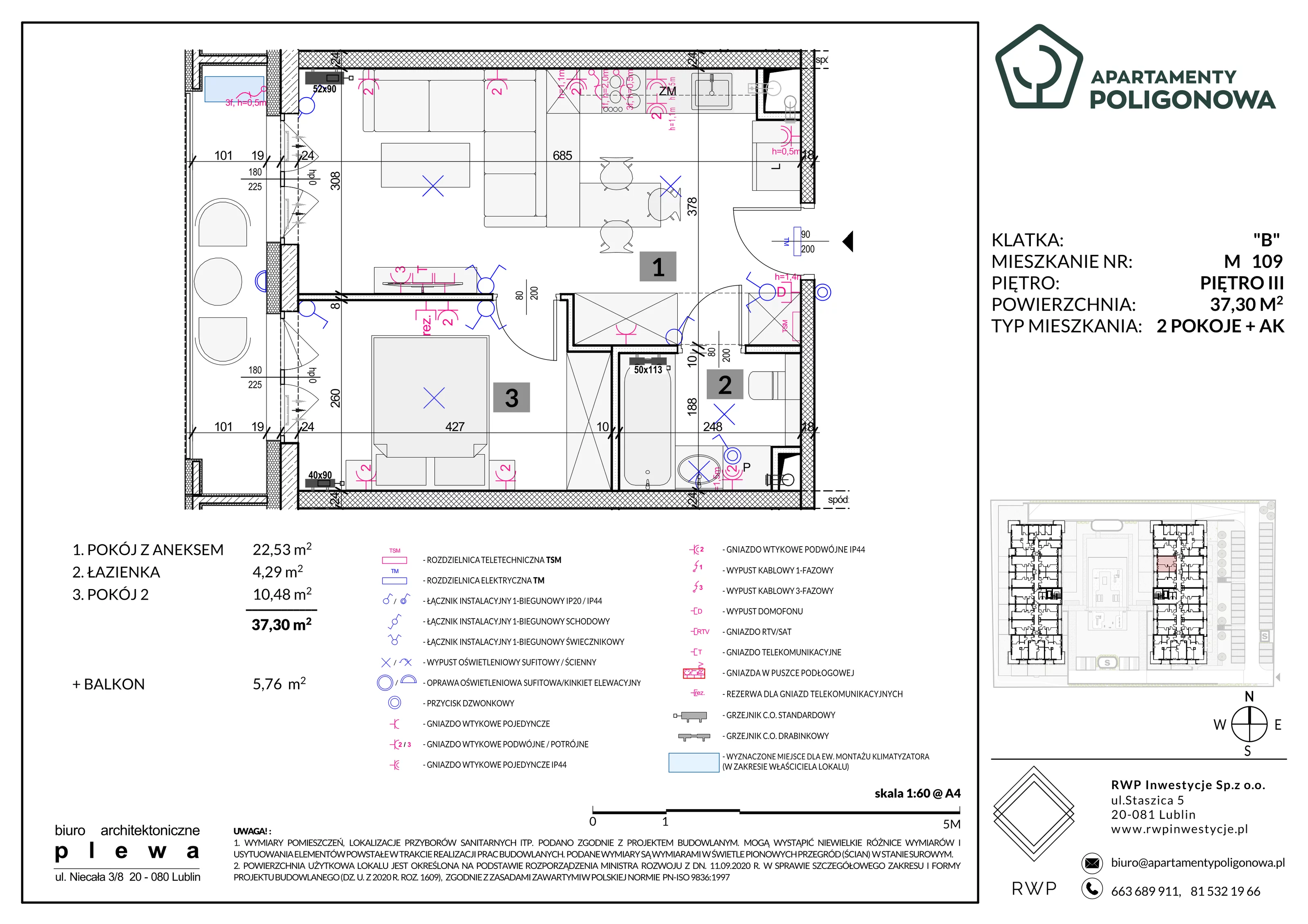 2 pokoje, mieszkanie 37,30 m², piętro 3, oferta nr 109, Apartamenty Poligonowa 5, Lublin, Sławin, ul. Poligonowa