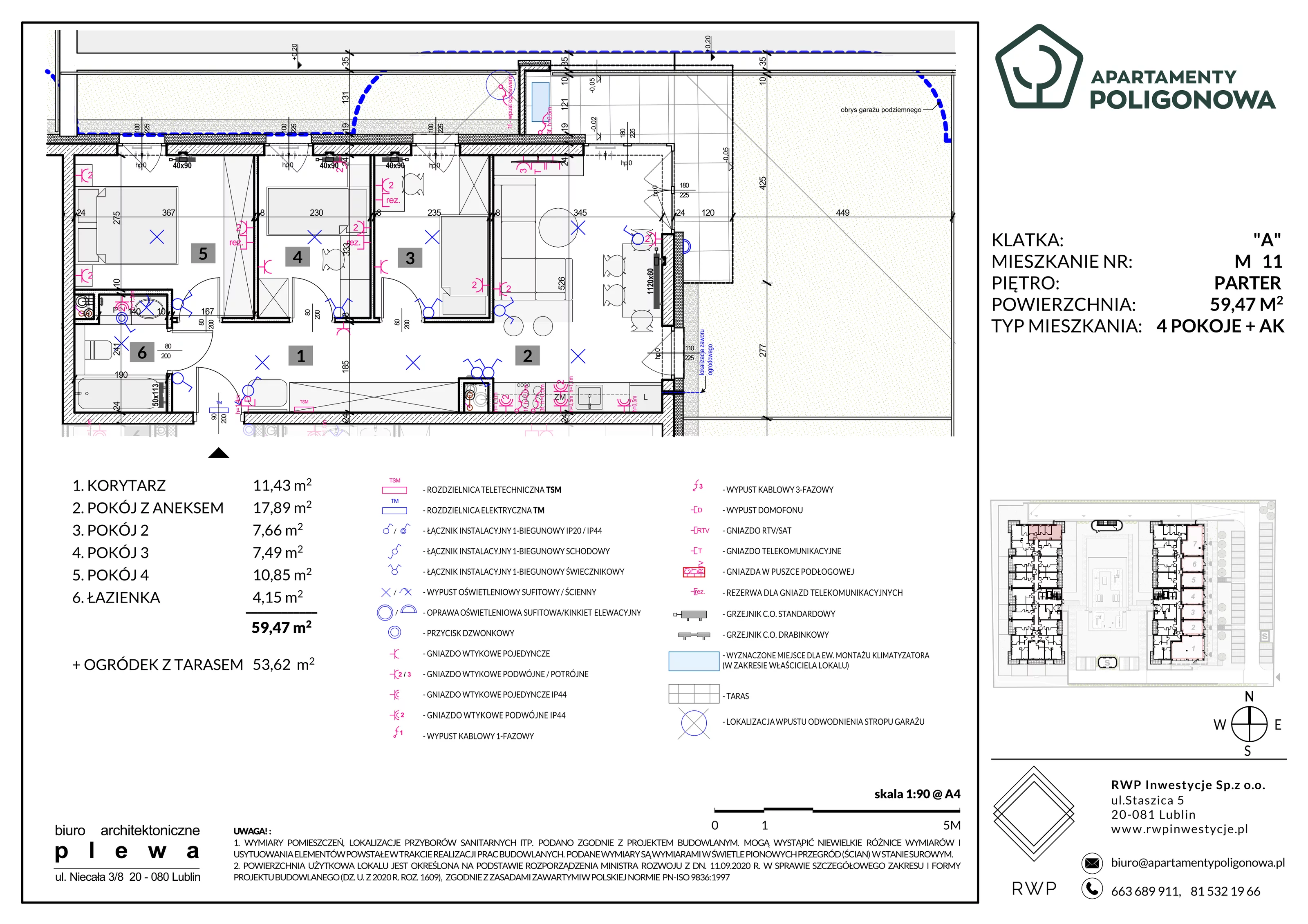 4 pokoje, mieszkanie 59,47 m², parter, oferta nr 11, Apartamenty Poligonowa 5, Lublin, Sławin, ul. Poligonowa