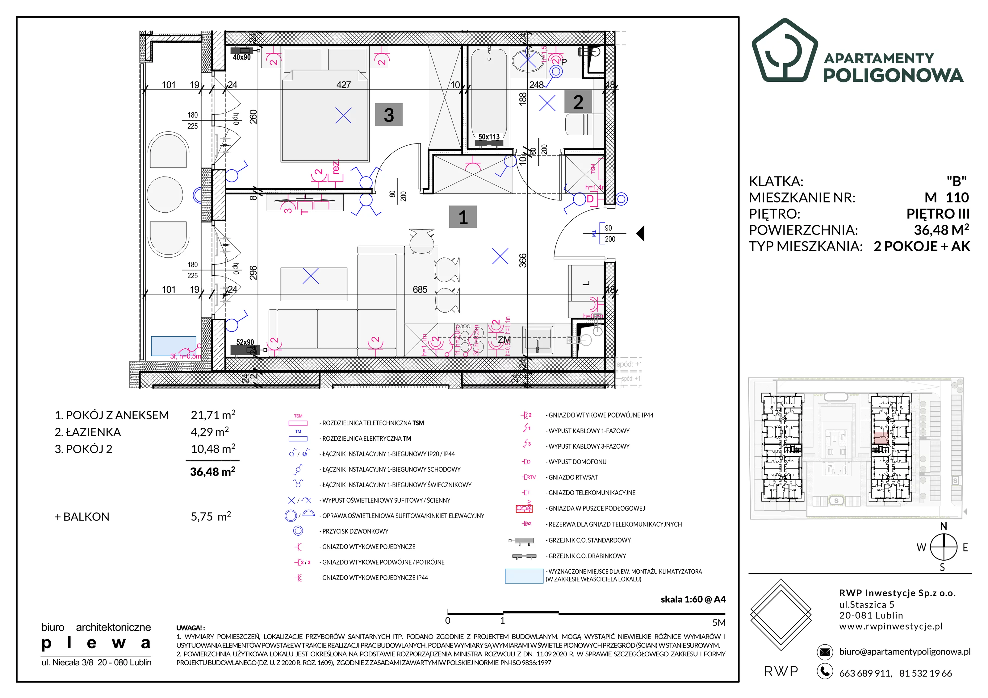 2 pokoje, mieszkanie 36,48 m², piętro 3, oferta nr 110, Apartamenty Poligonowa 5, Lublin, Sławin, ul. Poligonowa