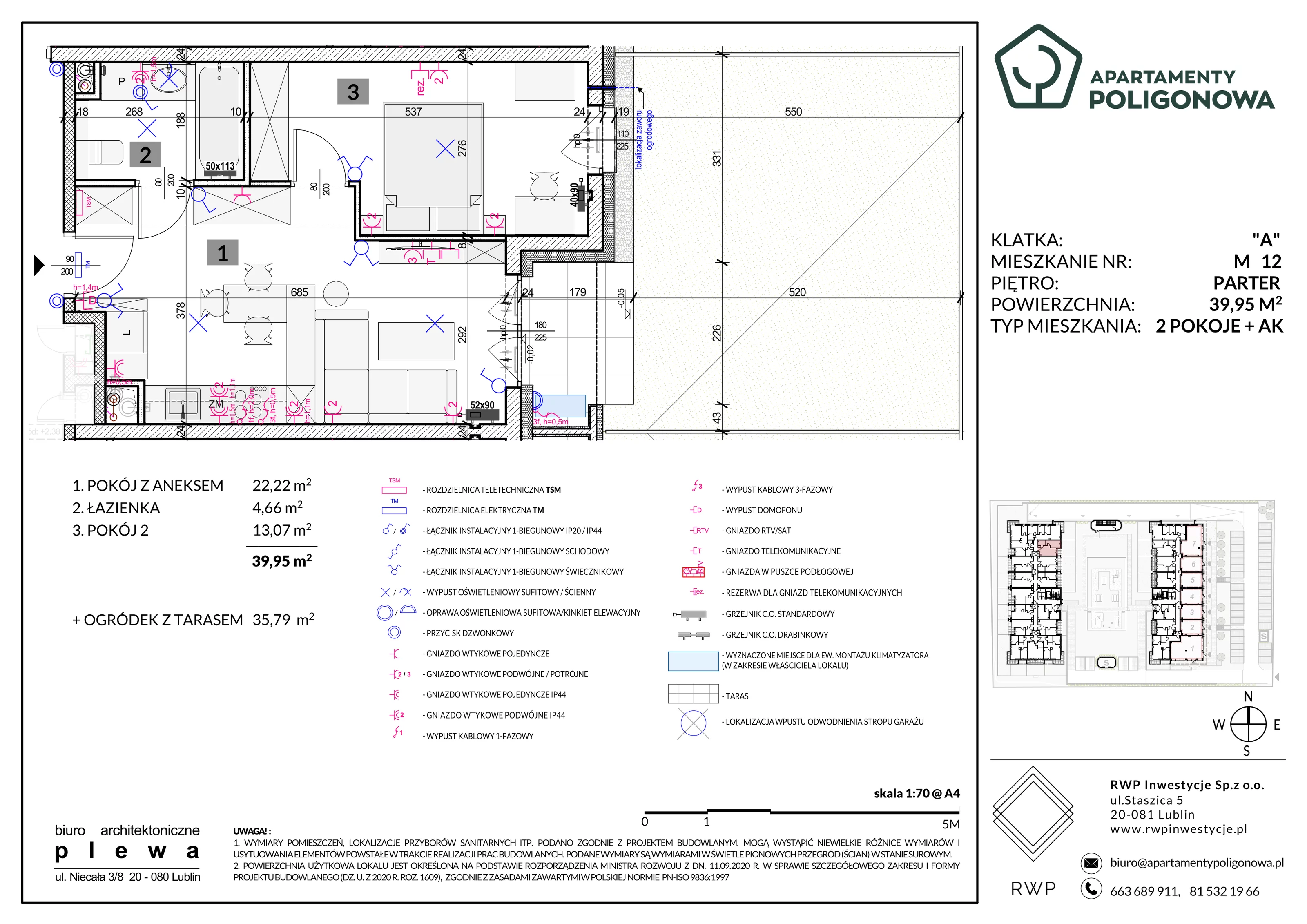 2 pokoje, mieszkanie 39,95 m², parter, oferta nr 12, Apartamenty Poligonowa 5, Lublin, Sławin, ul. Poligonowa