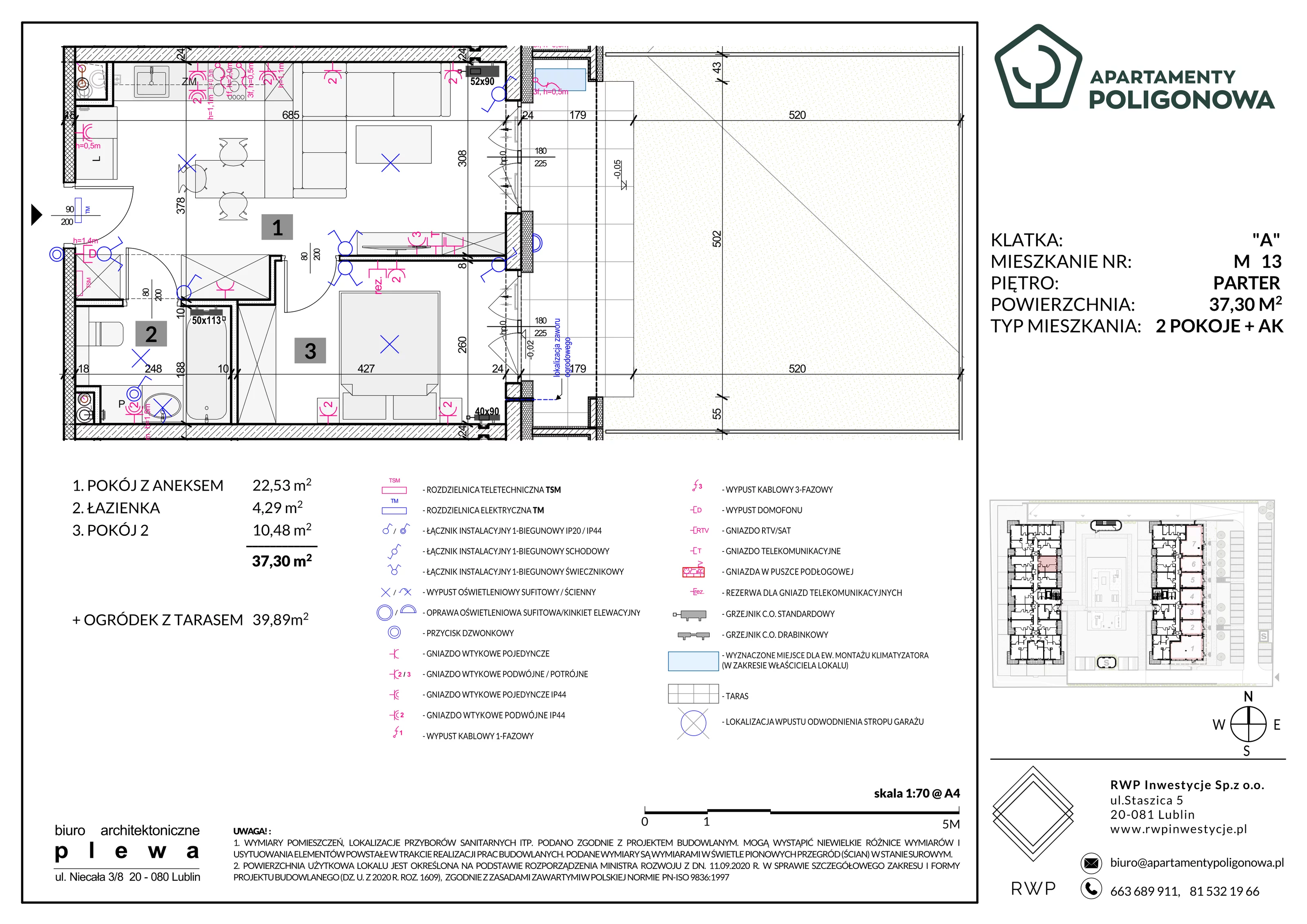 2 pokoje, mieszkanie 37,30 m², parter, oferta nr 13, Apartamenty Poligonowa 5, Lublin, Sławin, ul. Poligonowa