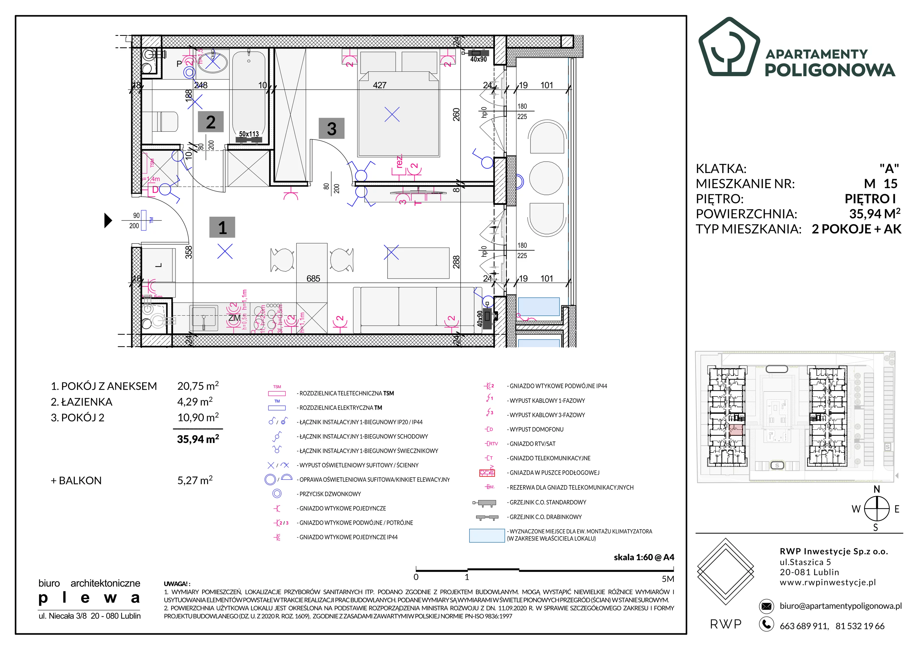2 pokoje, mieszkanie 35,94 m², piętro 1, oferta nr 15, Apartamenty Poligonowa 5, Lublin, Sławin, ul. Poligonowa