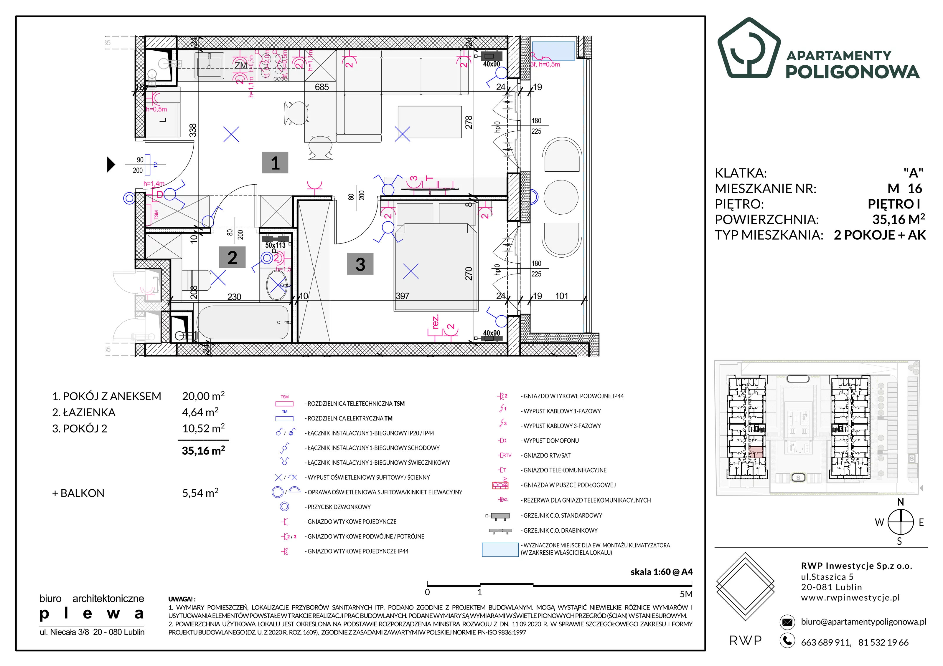 2 pokoje, mieszkanie 35,16 m², piętro 1, oferta nr 16, Apartamenty Poligonowa 5, Lublin, Sławin, ul. Poligonowa