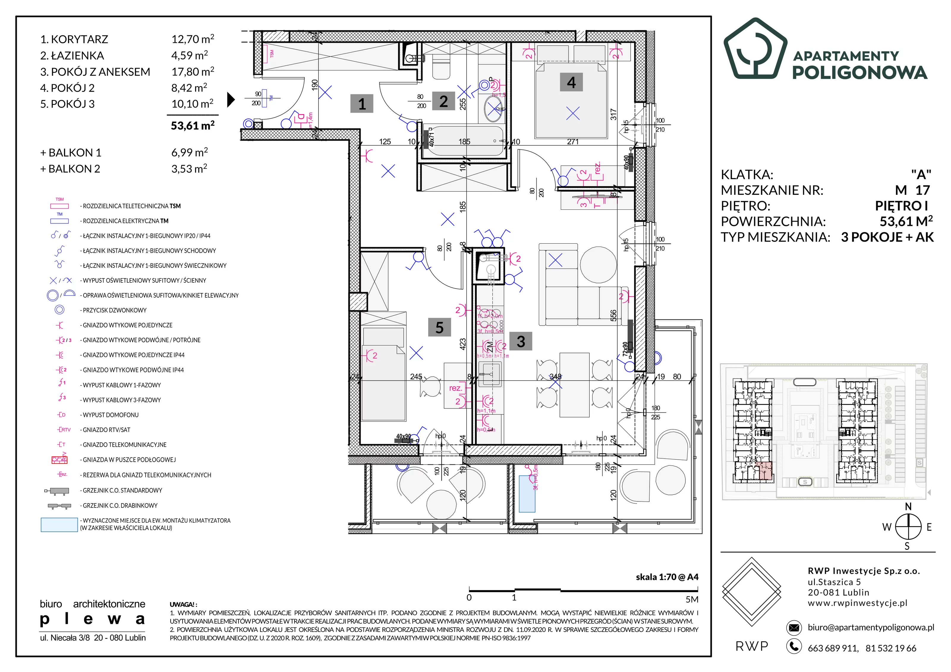3 pokoje, mieszkanie 53,61 m², piętro 1, oferta nr 17, Apartamenty Poligonowa 5, Lublin, Sławin, ul. Poligonowa
