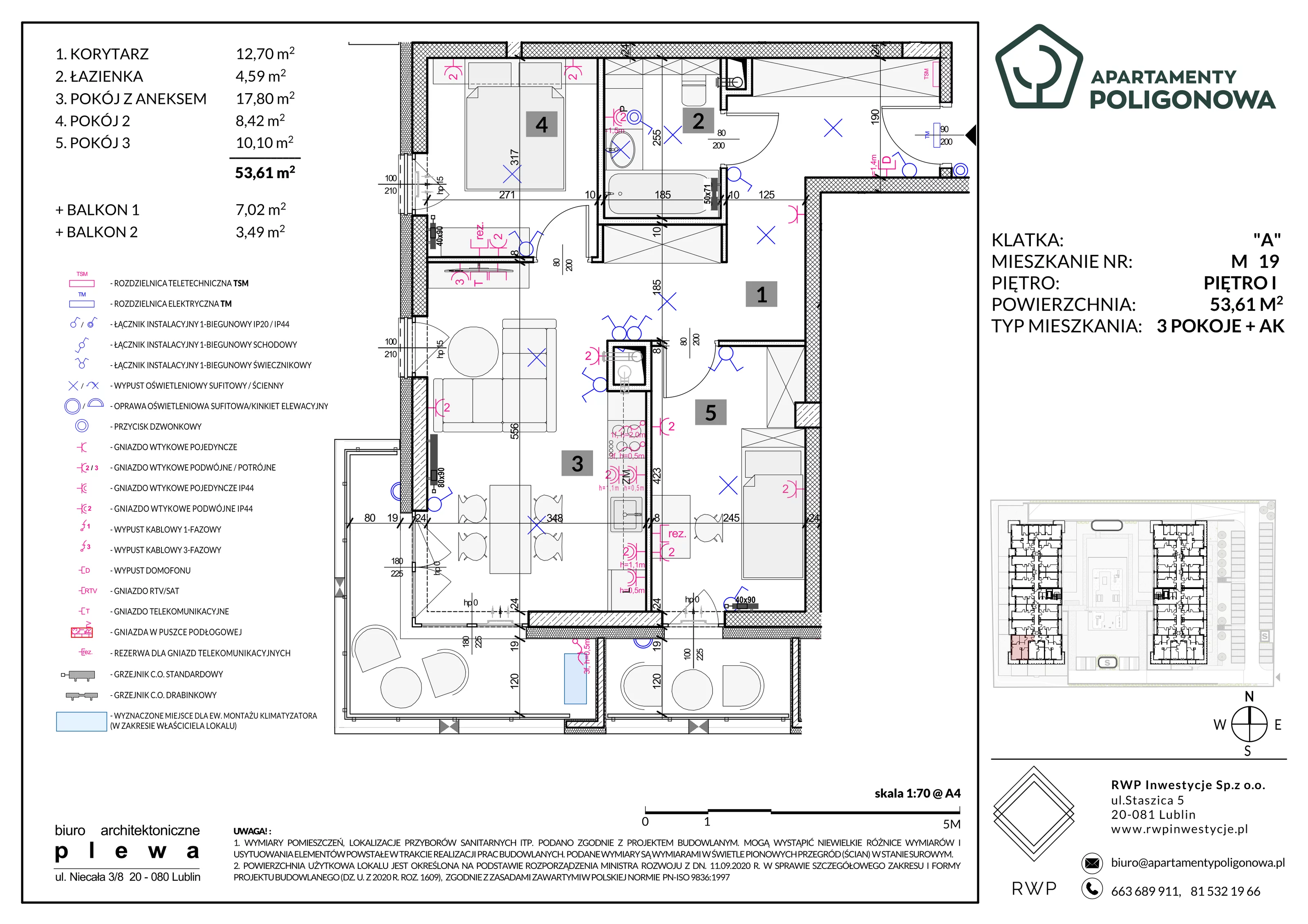 3 pokoje, mieszkanie 53,61 m², piętro 1, oferta nr 19, Apartamenty Poligonowa 5, Lublin, Sławin, ul. Poligonowa