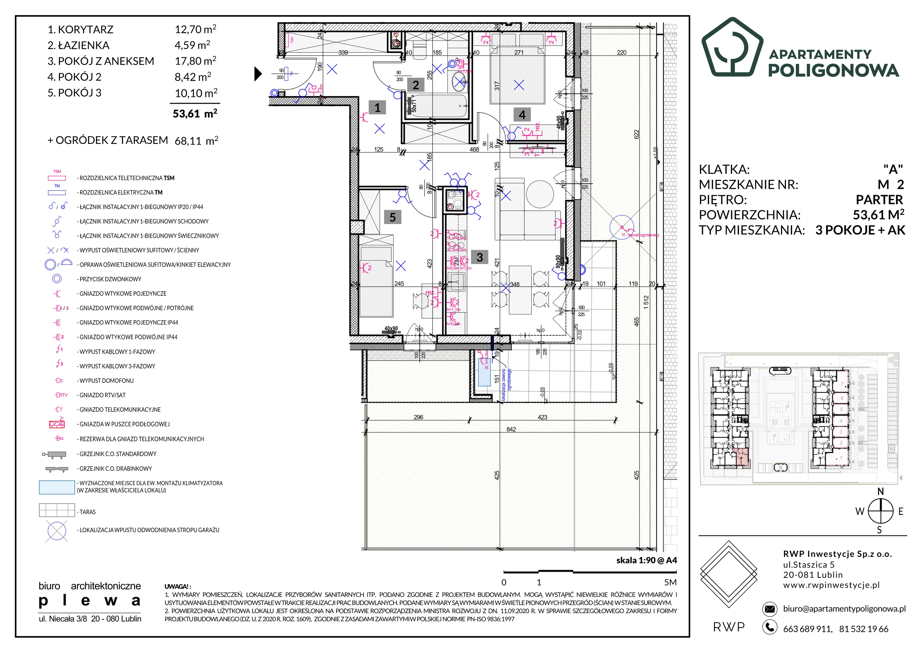 3 pokoje, mieszkanie 53,61 m², parter, oferta nr 2, Apartamenty Poligonowa 5, Lublin, Sławin, ul. Poligonowa