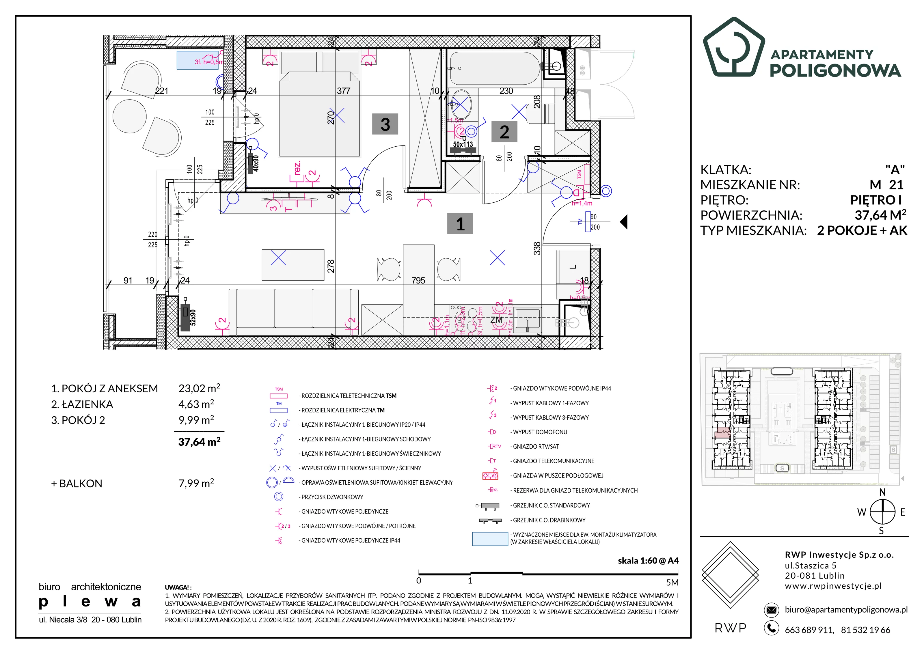 2 pokoje, mieszkanie 37,64 m², piętro 1, oferta nr 21, Apartamenty Poligonowa 5, Lublin, Sławin, ul. Poligonowa