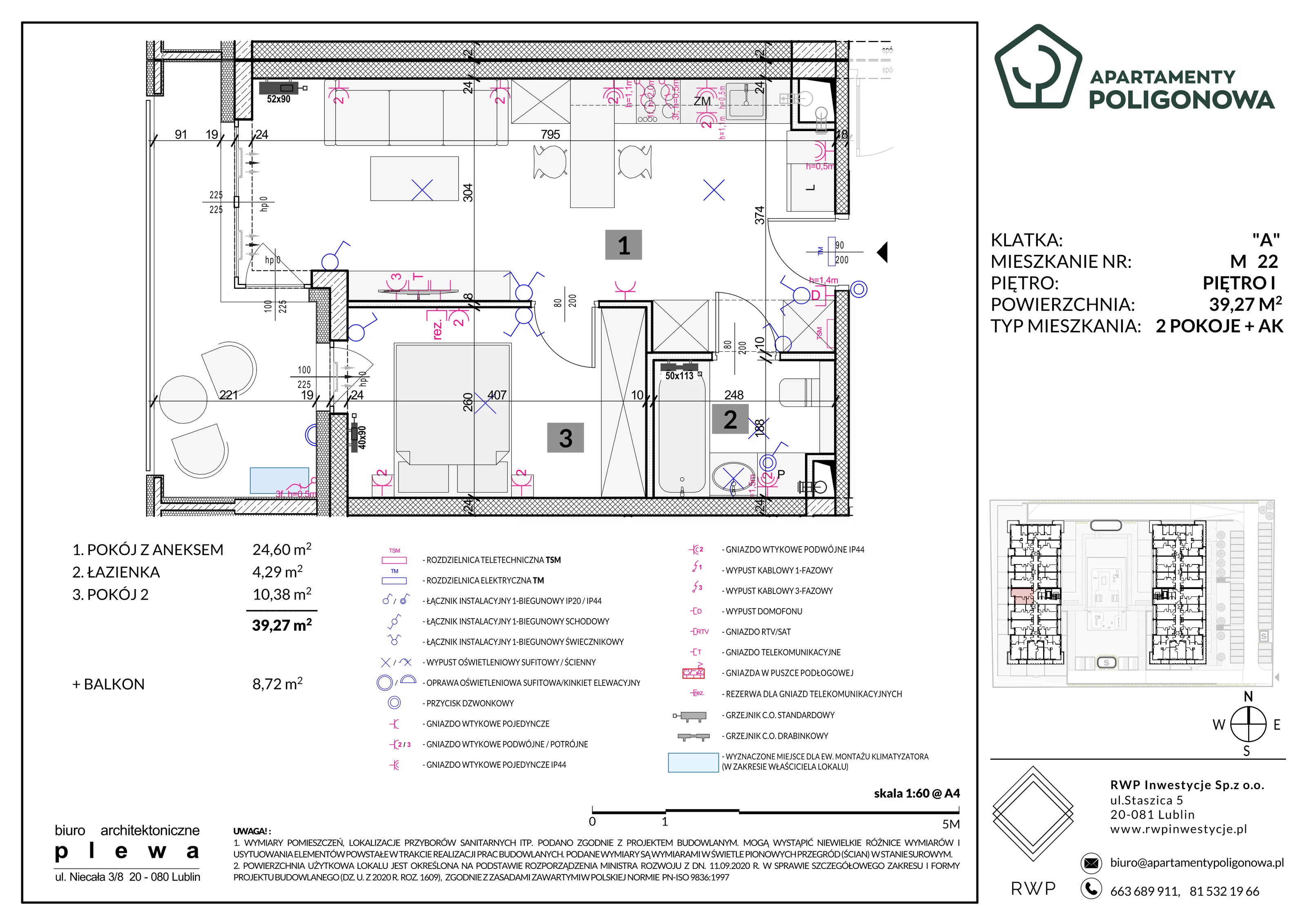 2 pokoje, mieszkanie 39,27 m², piętro 1, oferta nr 22, Apartamenty Poligonowa 5, Lublin, Sławin, ul. Poligonowa